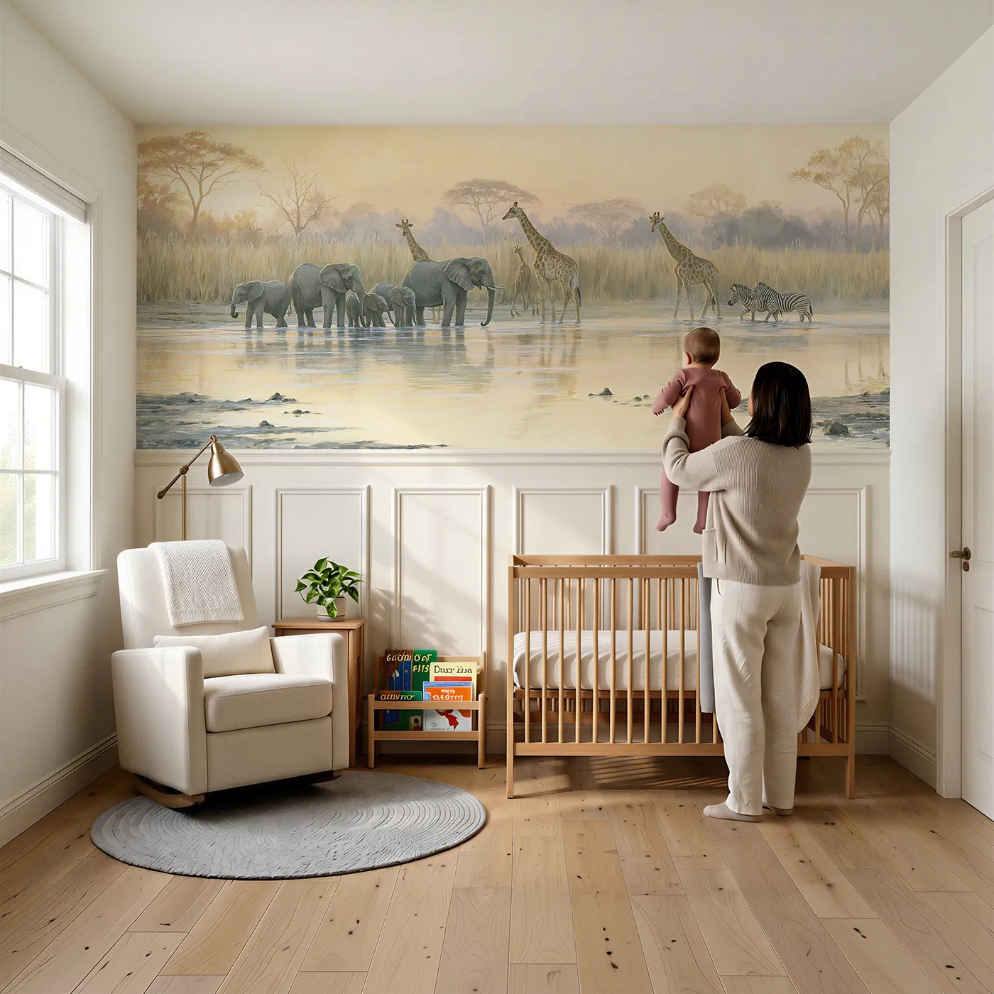 Child reading near River Crossing Gentle Herd Wainscoting Wallpaper by Whimsy Tots