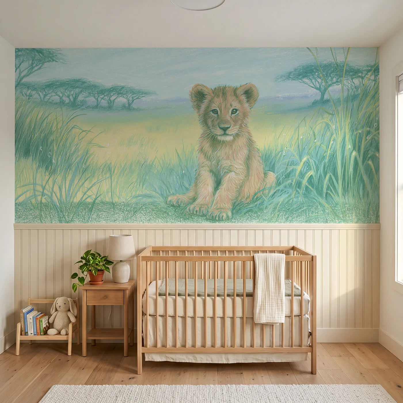 Colored pencil wainscoting wallpaper of a lion cub in rain-fresh grass by Whimsy Tots