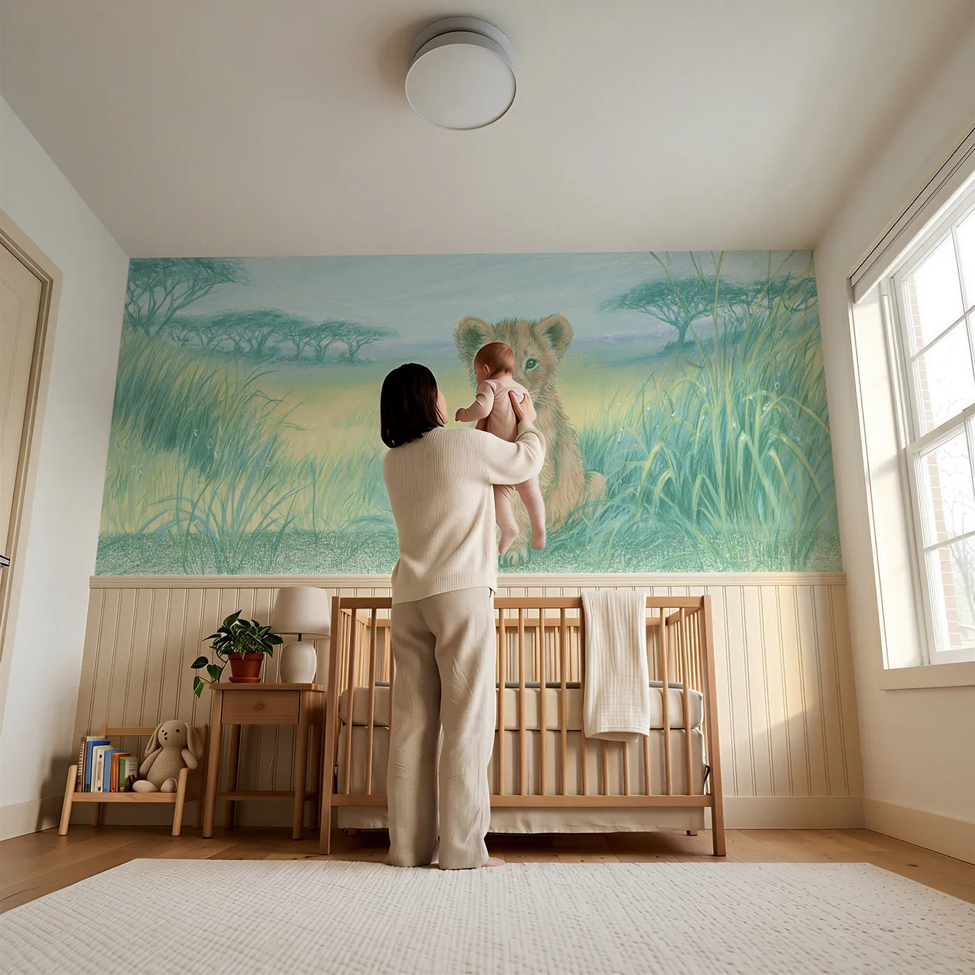 Child reading near Lion Cub After the Rain Wainscoting Wallpaper by Whimsy Tots