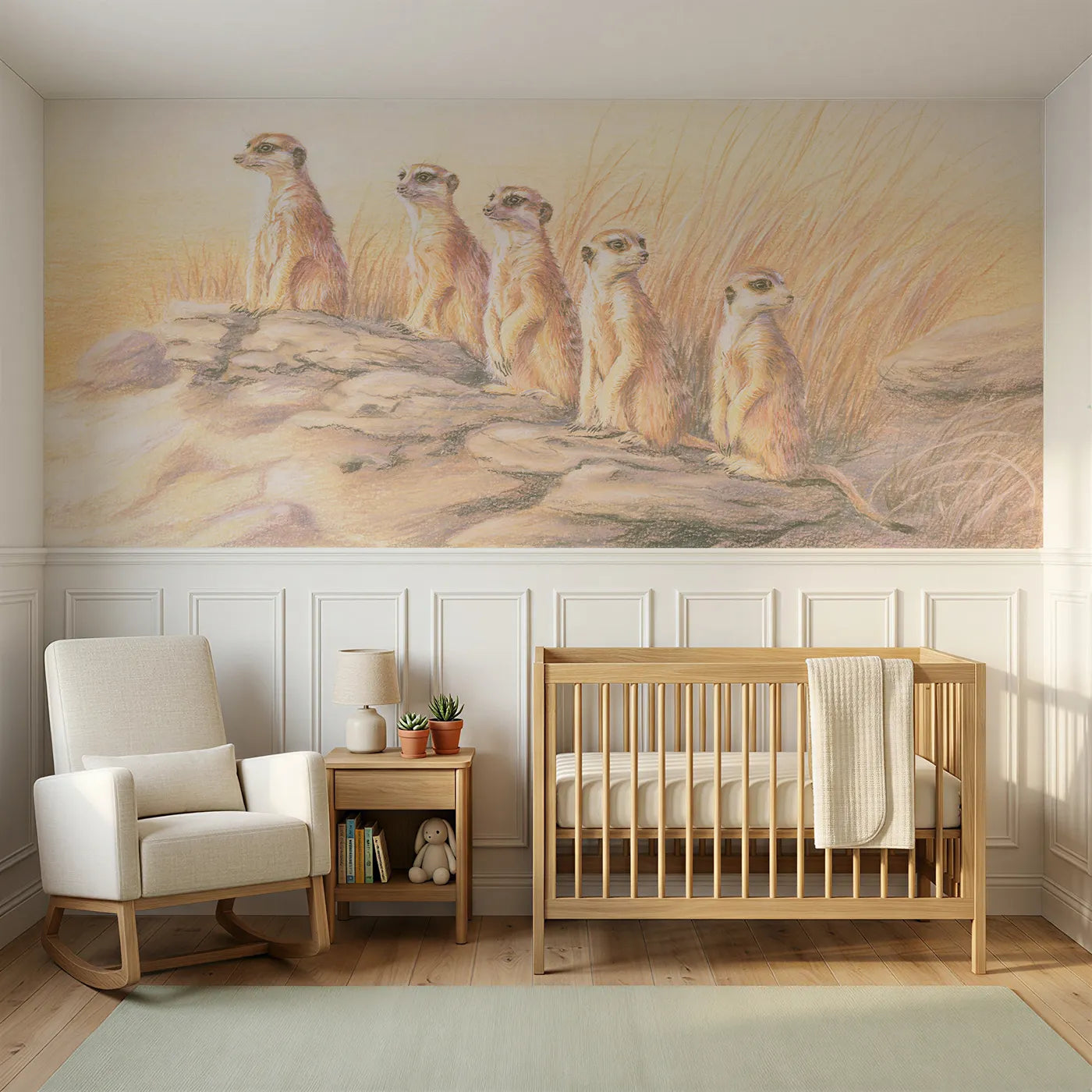 Colored pencil wainscoting mural of meerkats on lookout rocks for a playroom by Whimsy Tots