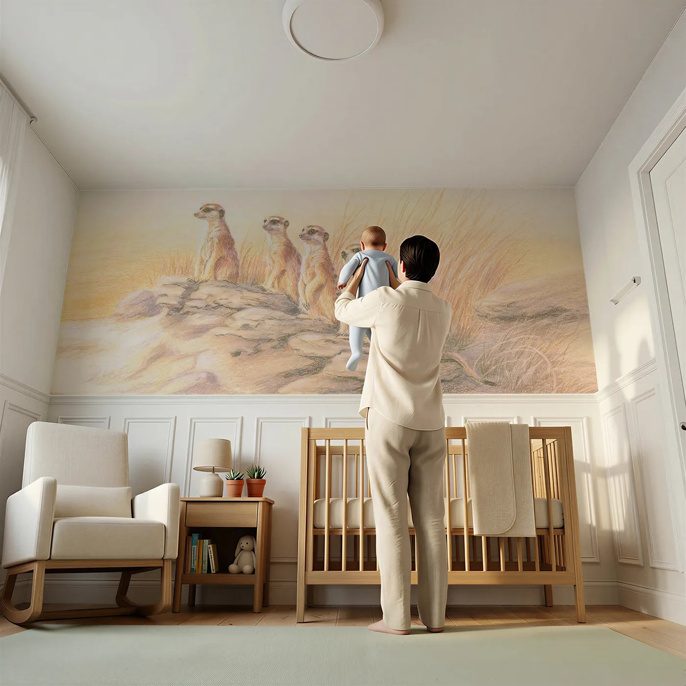 Child reading near Meerkat Rock Lookout Wainscoting Wallpaper by Whimsy Tots