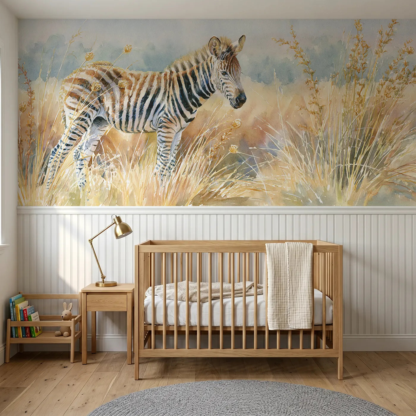 Watercolor wainscoting wallpaper of a zebra foal in golden grasses for a nursery by Whimsy Tots
