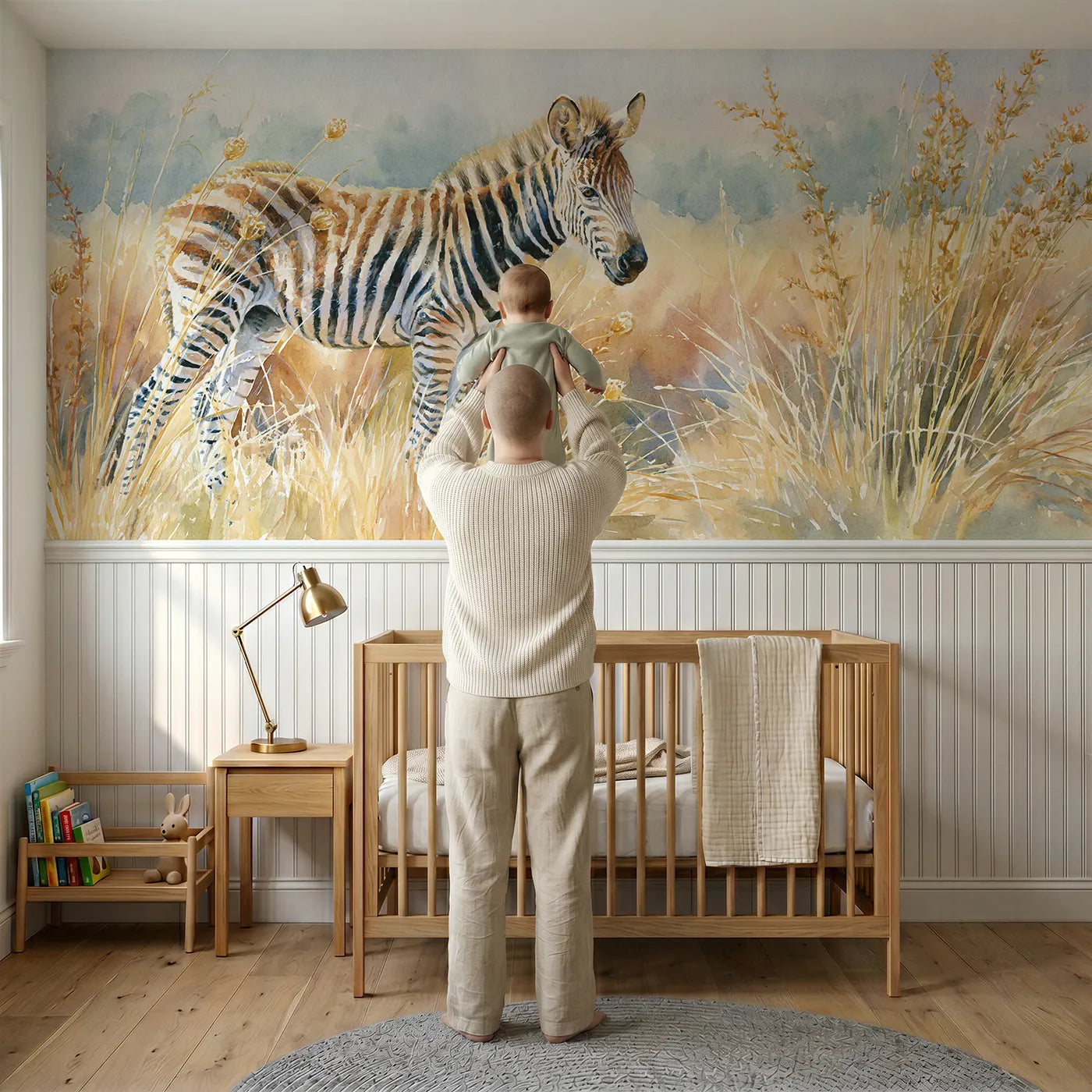 Child reading near Zebra Foal Golden Grass Wainscoting Wallpaper by Whimsy Tots