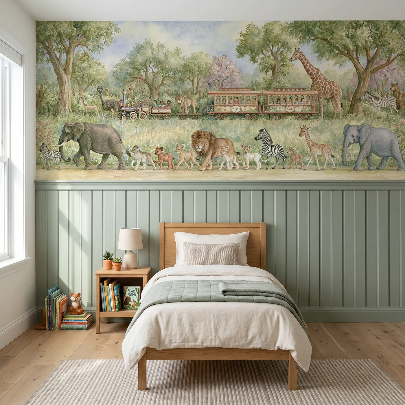 Storybook wainscoting wallpaper of a zoo train and baby animal parade for playrooms by Whimsy Tots