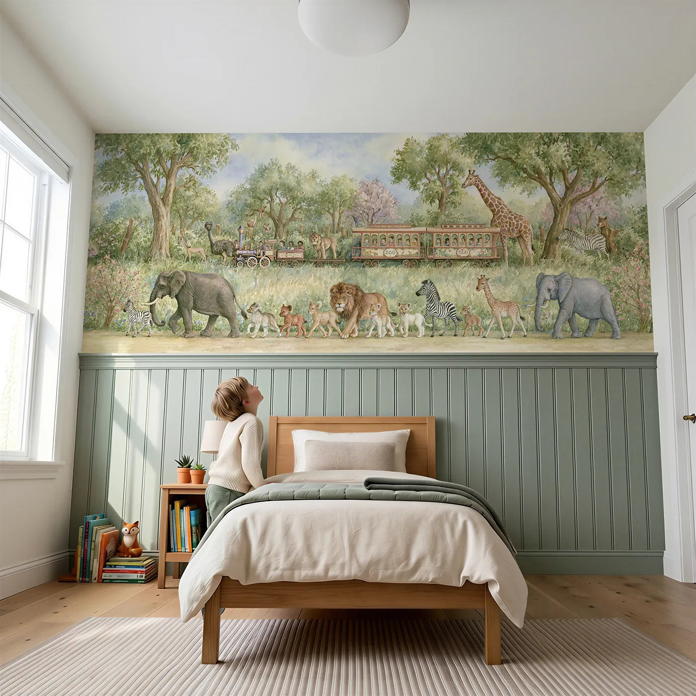 Child reading near Friendly Zoo Day Parade Wainscoting Wallpaper by Whimsy Tots