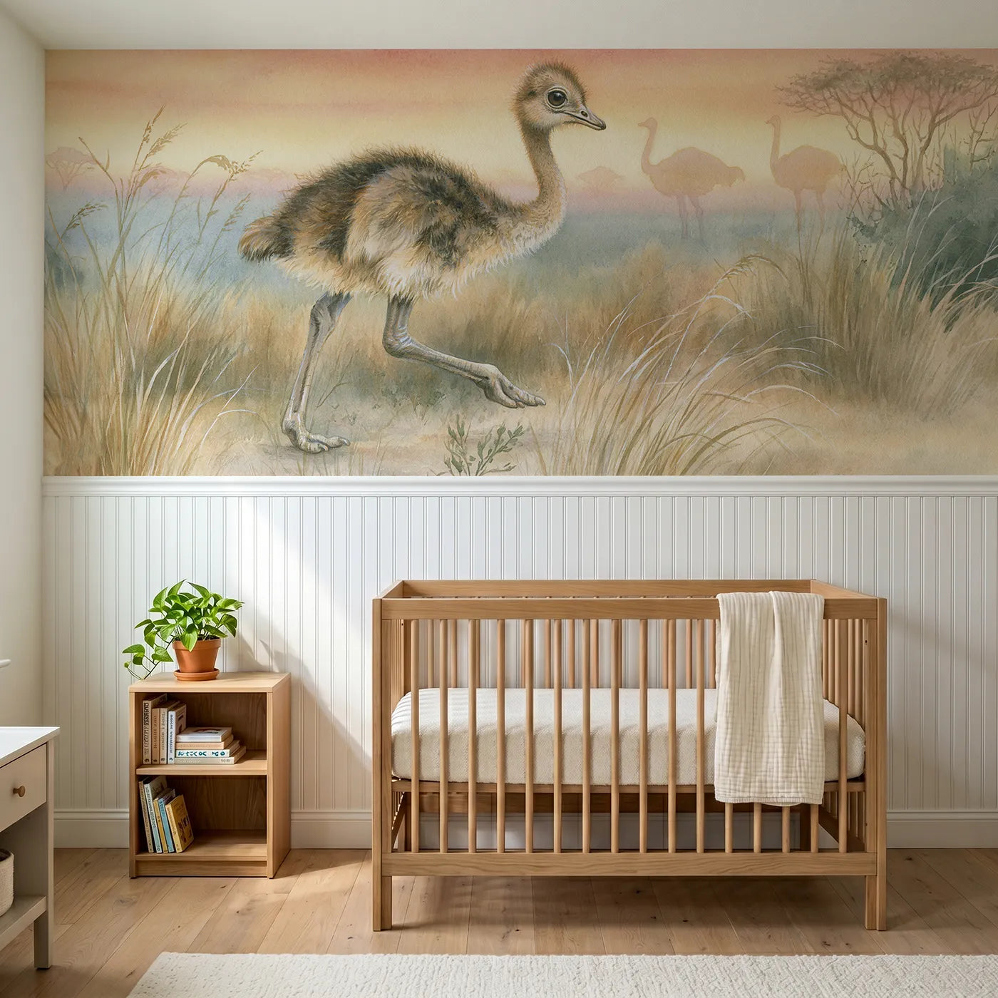 Storybook wainscoting wallpaper of an ostrich chick on long legs for a toddler room by Whimsy Tots