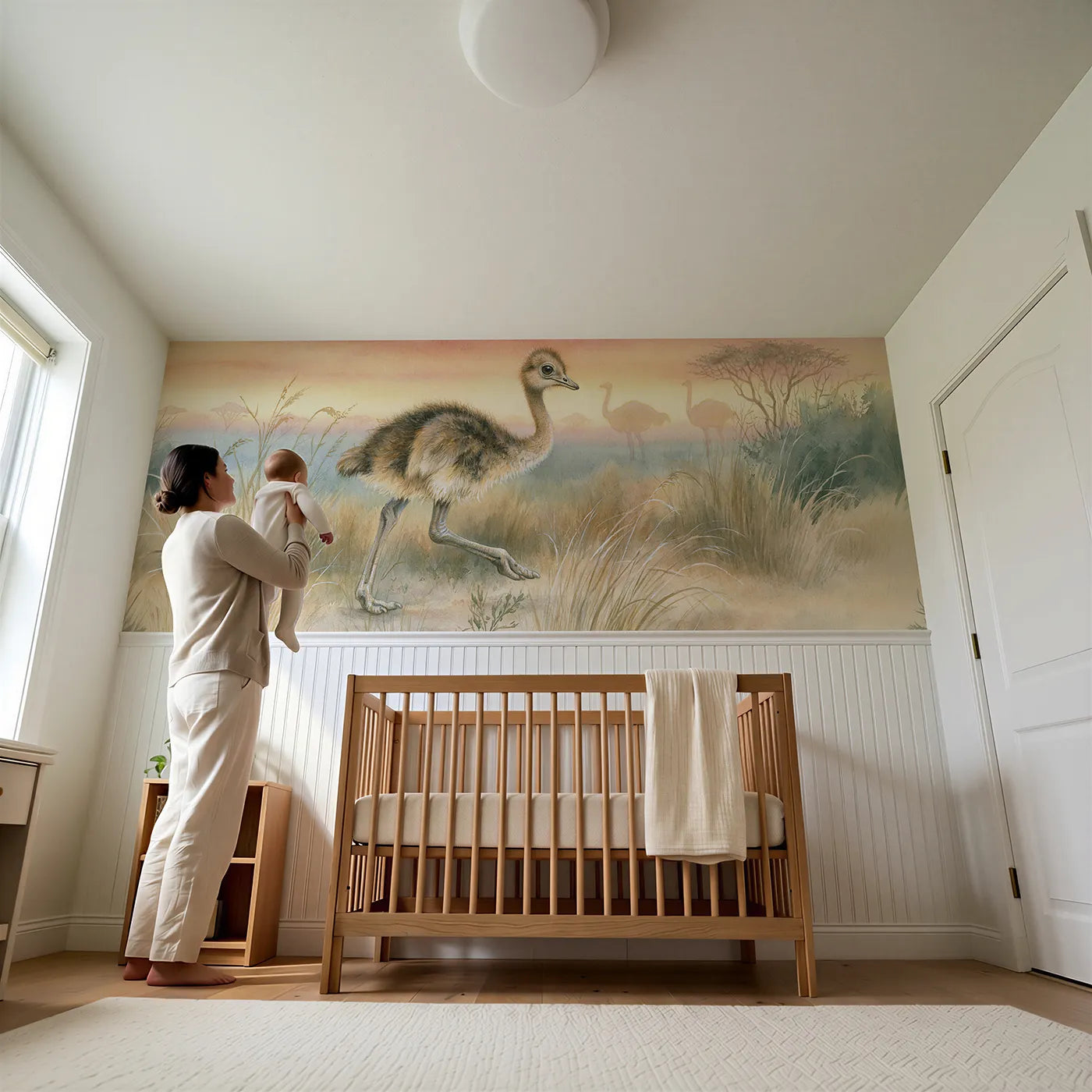 Child reading near Ostrich Chick Big Steps Wainscoting Wallpaper by Whimsy Tots