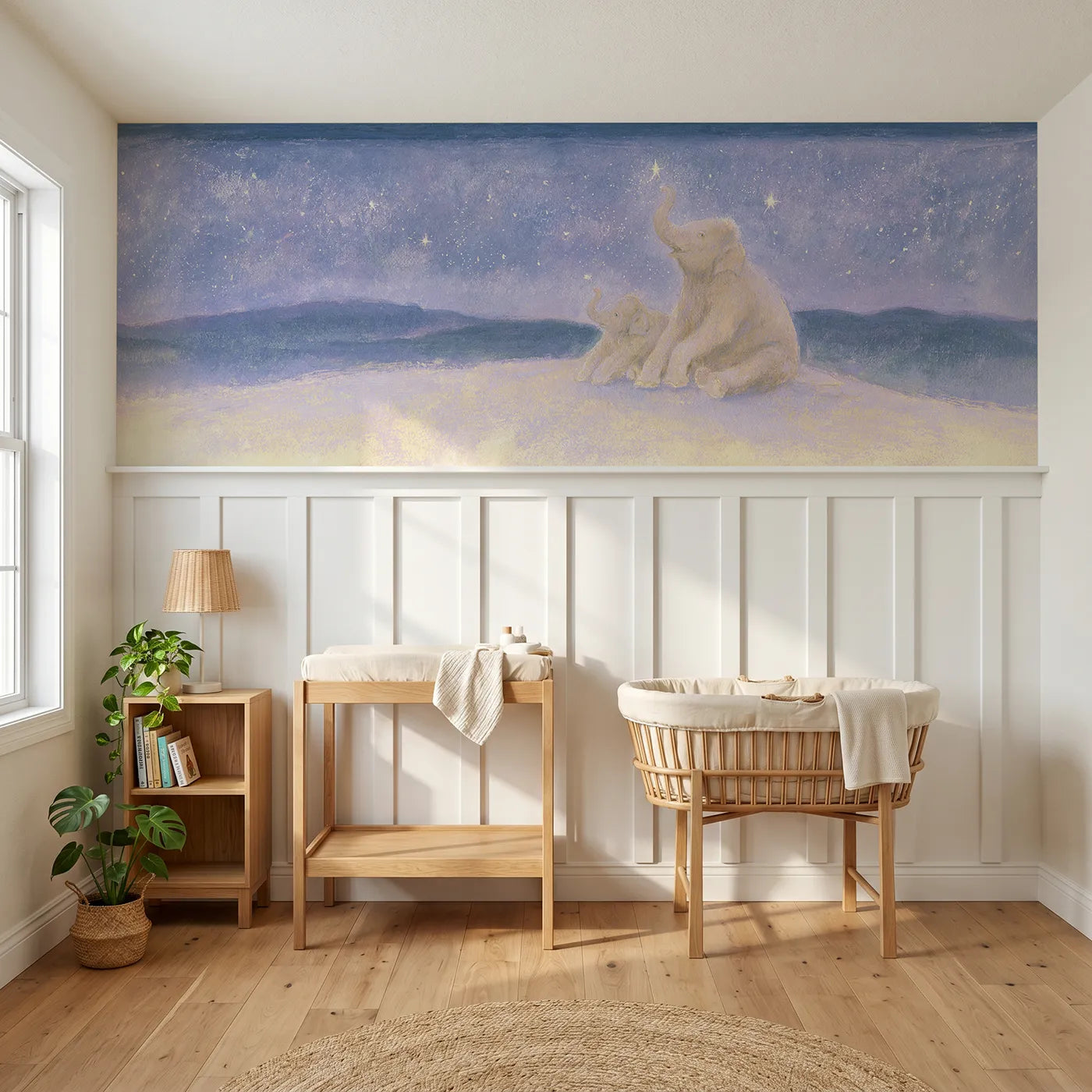 Soft pastel wainscoting mural of elephants stargazing at night for a nursery by Whimsy Tots