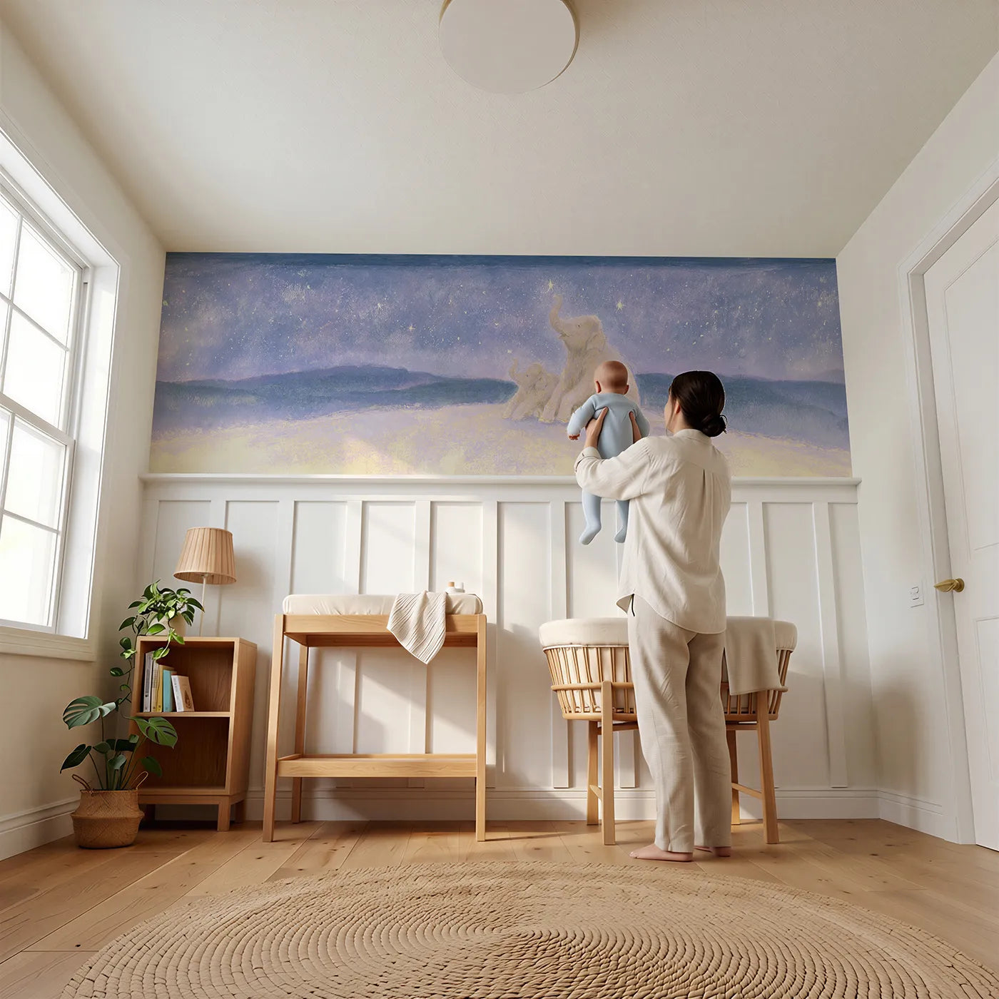 Child reading near Elephant Stargazing Night Wainscoting Wallpaper by Whimsy Tots