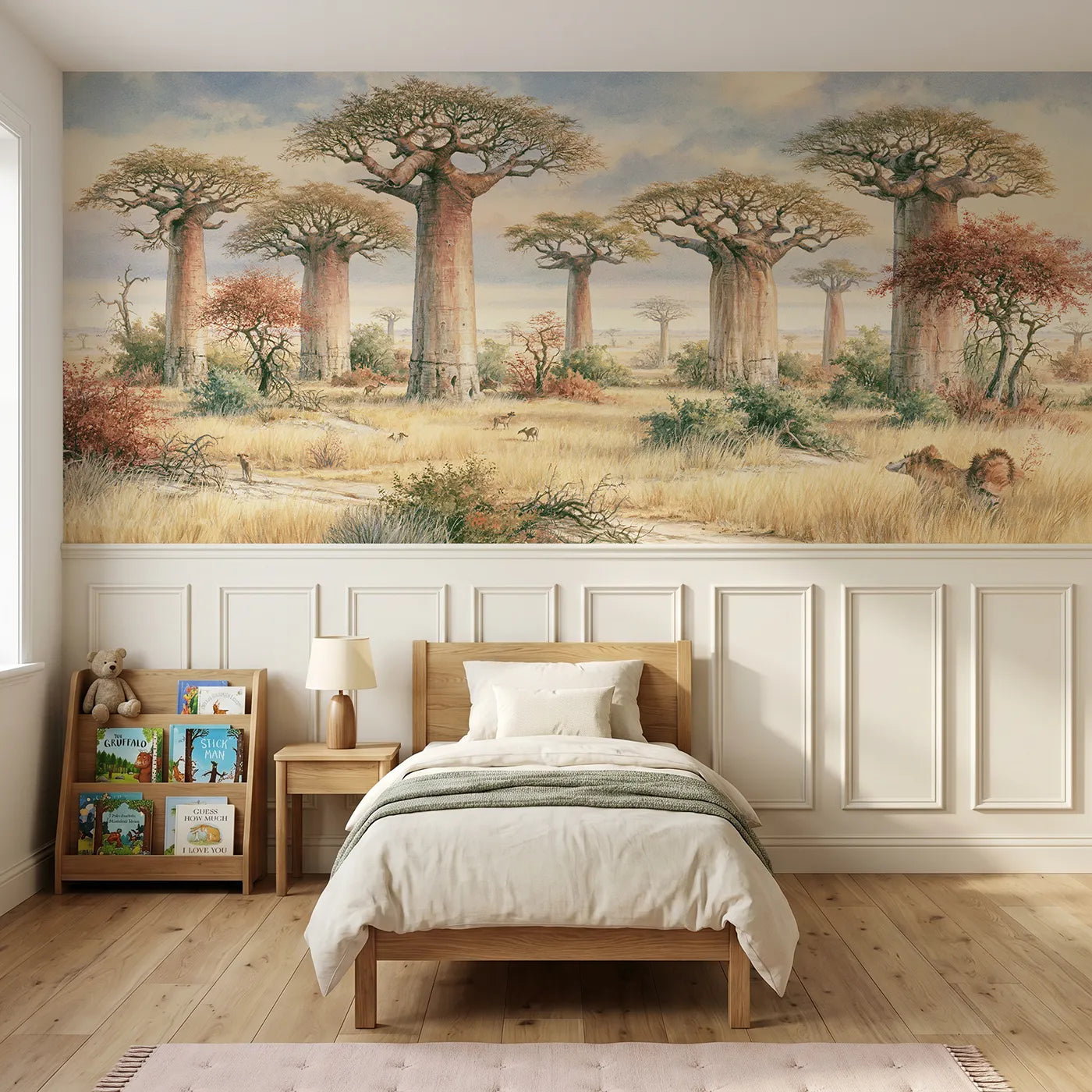 Storybook wainscoting wallpaper of a golden baobab plain for a big-kid bedroom by Whimsy Tots