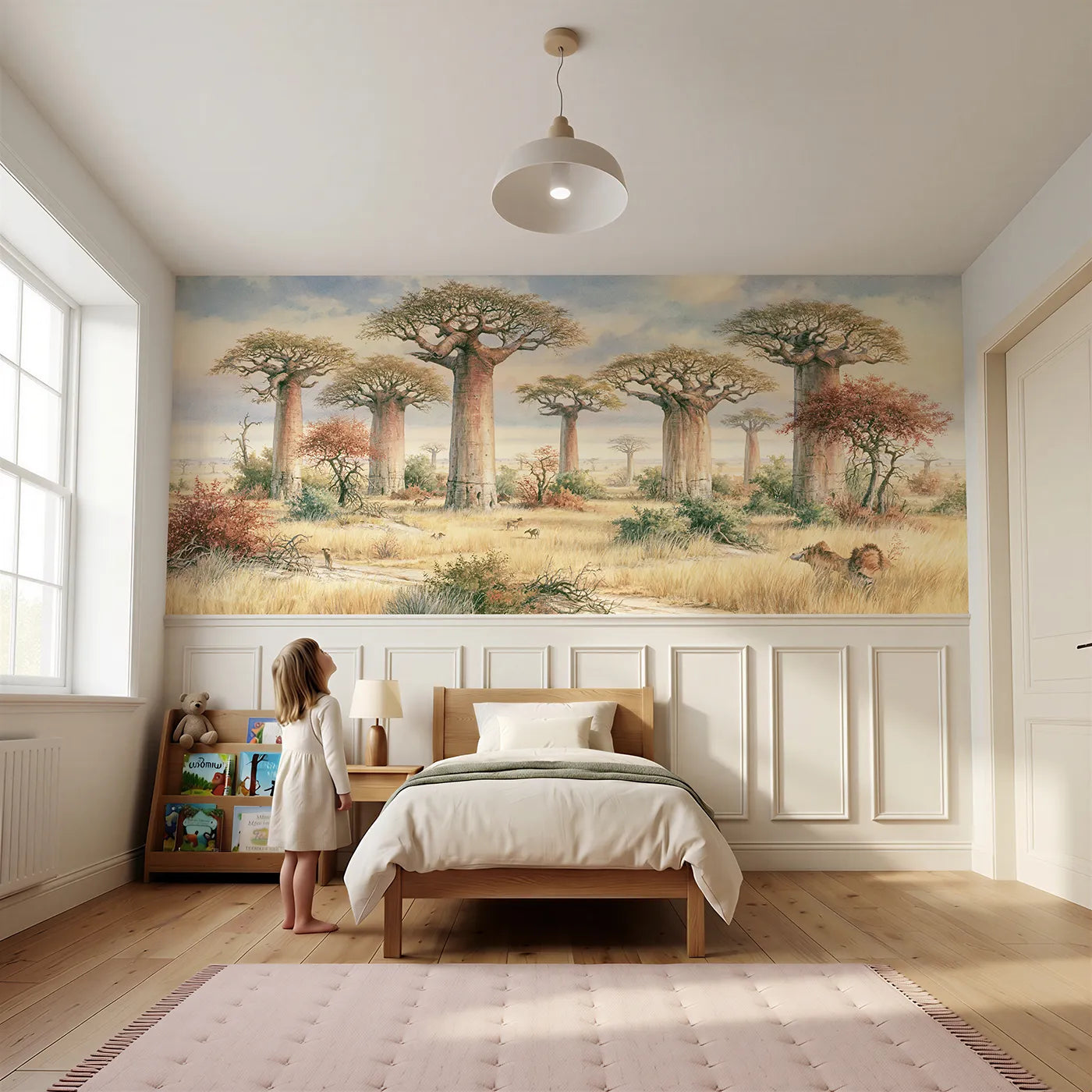Child reading near Baobab Plain Golden Morning Wainscoting Wallpaper by Whimsy Tots