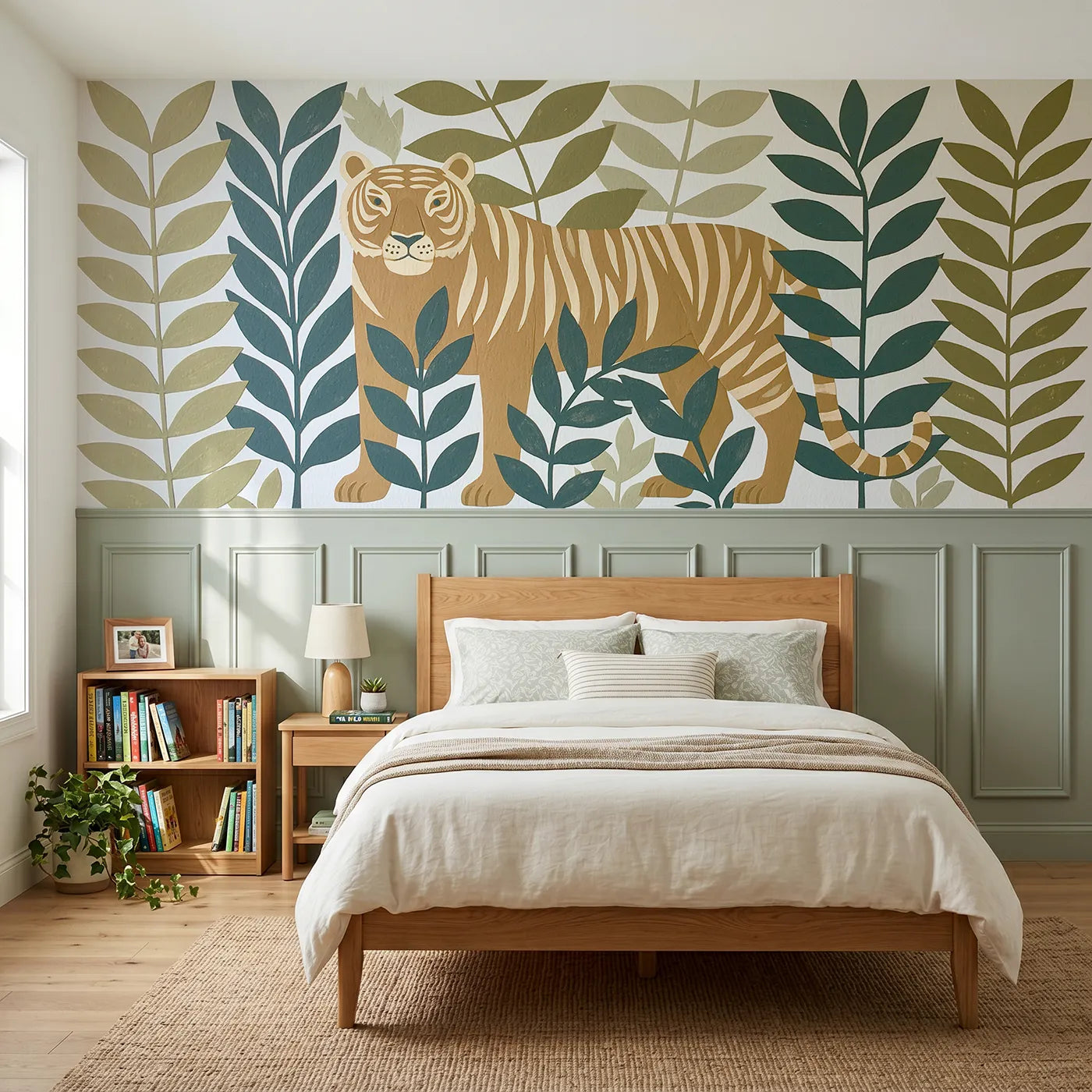 Block print wainscoting wallpaper of a carved tiger with bold jungle leaves by Whimsy Tots