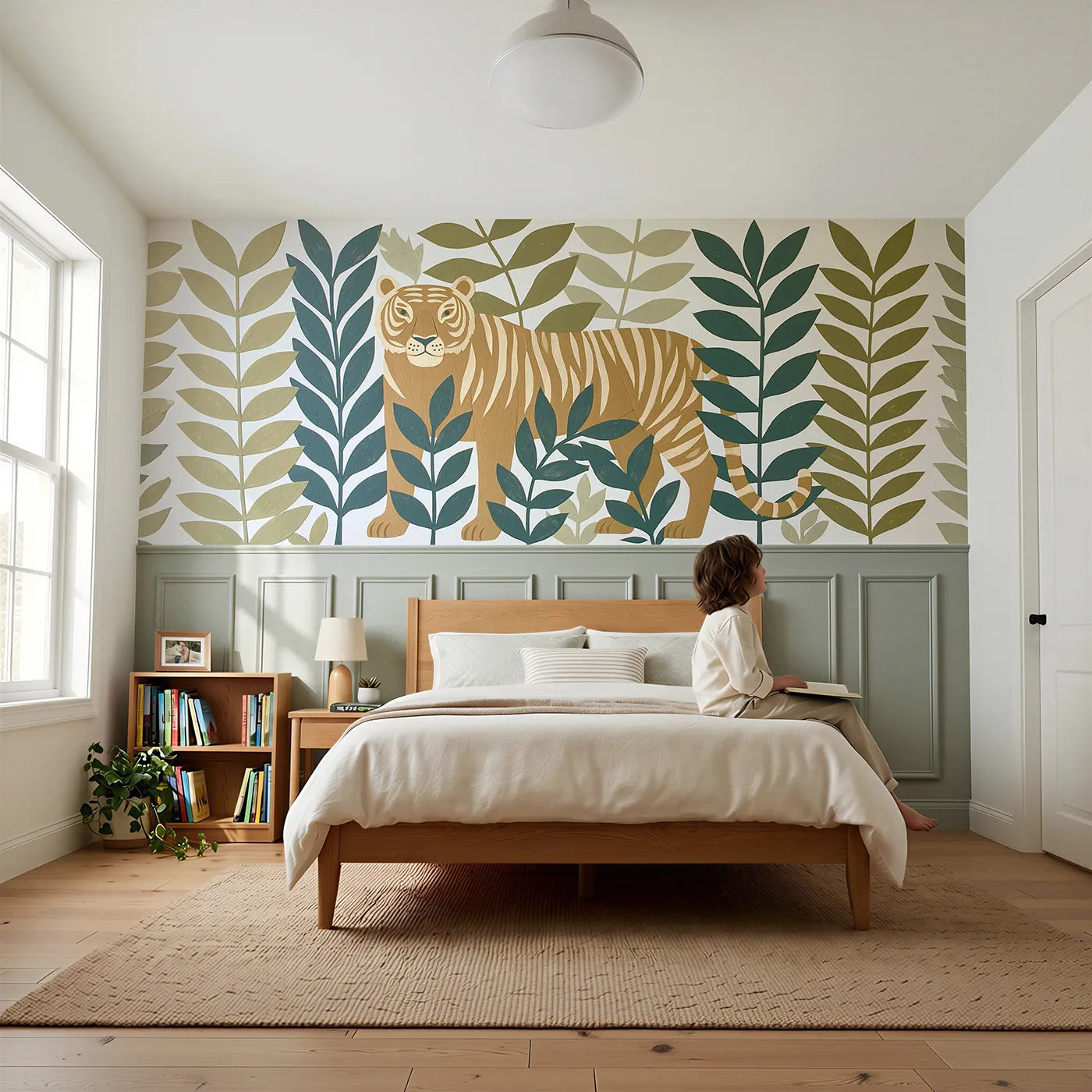 Child reading near Carved Tiger Jungle Leaves Wainscoting Wallpaper by Whimsy Tots