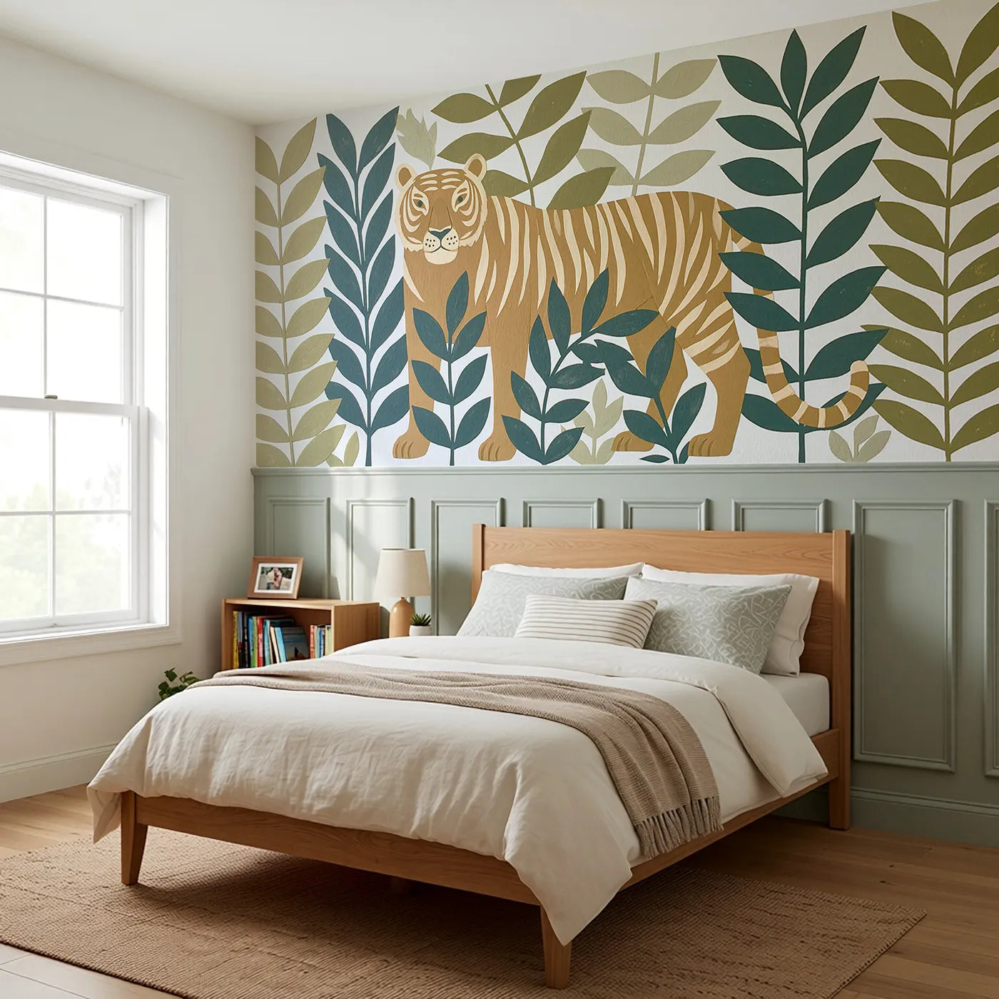 Carved Tiger Jungle Leaves Wainscoting Wallpaper styled in a kids room by Whimsy Tots