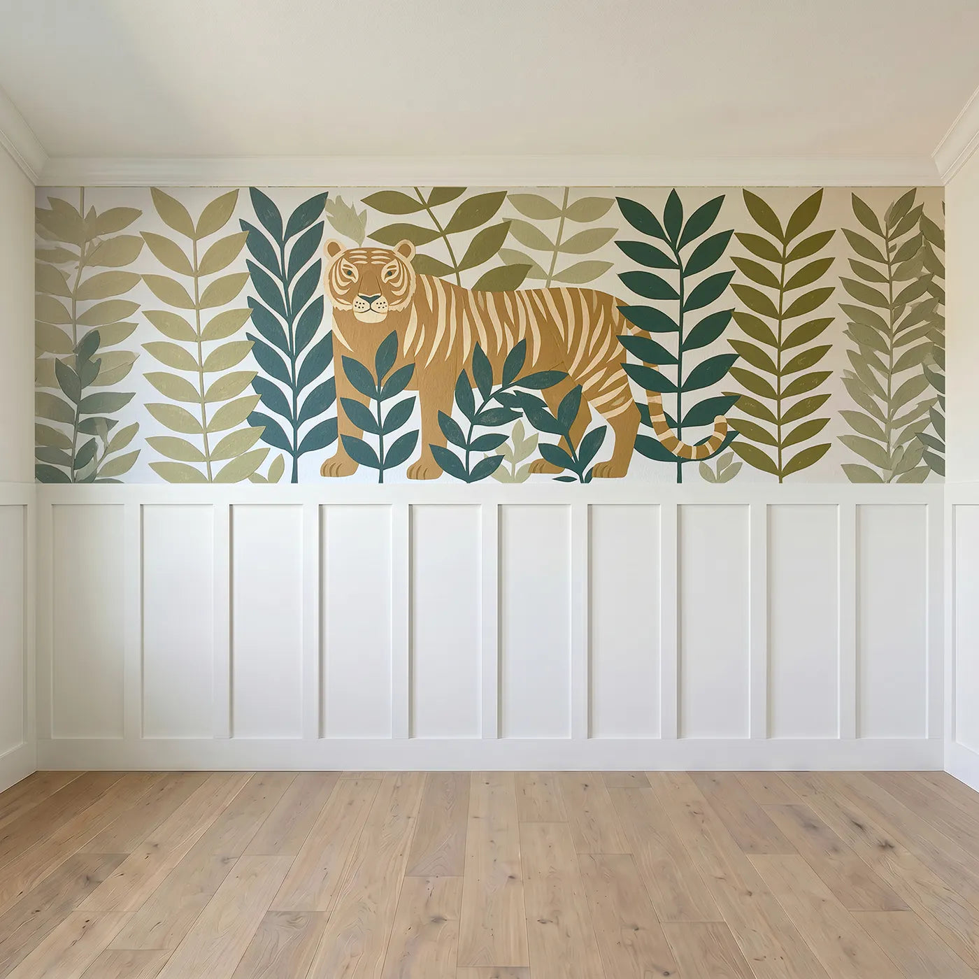 Full panel view of Carved Tiger Jungle Leaves Wainscoting Wallpaper by Whimsy Tots