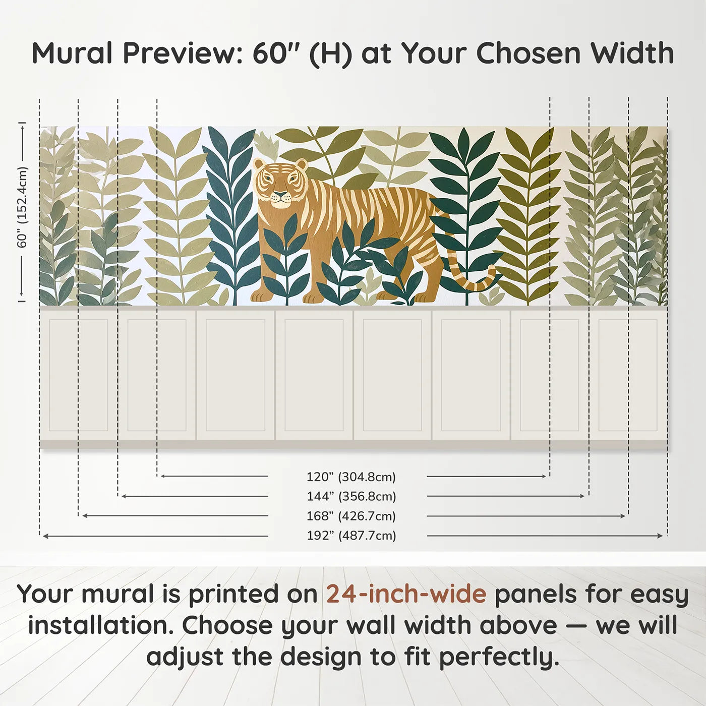 Panel dimensions for Carved Tiger Jungle Leaves Wainscoting Wallpaper by Whimsy Tots