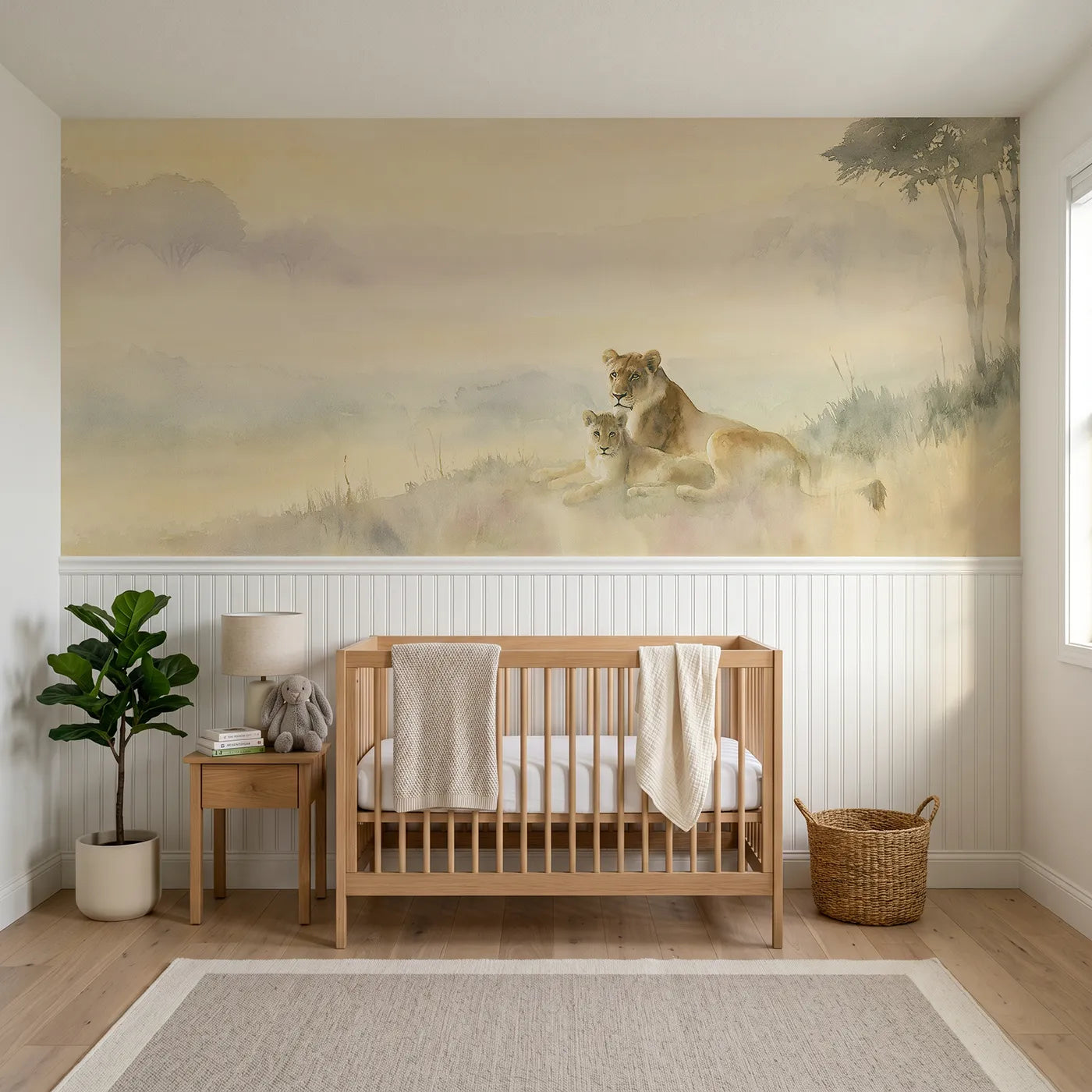 Watercolor wainscoting wallpaper of a lioness and cub in valley mist for a nursery by Whimsy Tots