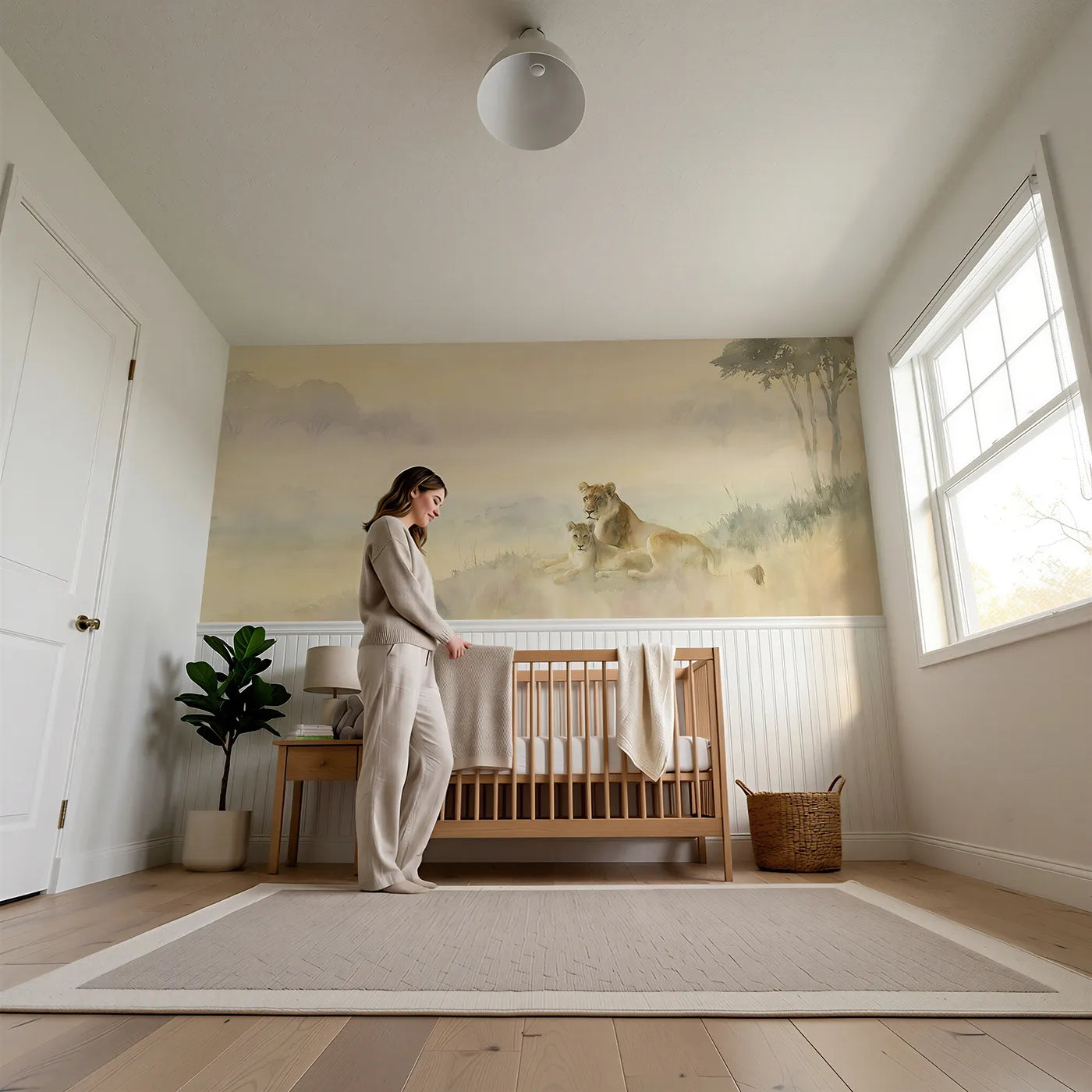 Child reading near Lioness Cub Misty Valley Wainscoting Wallpaper by Whimsy Tots