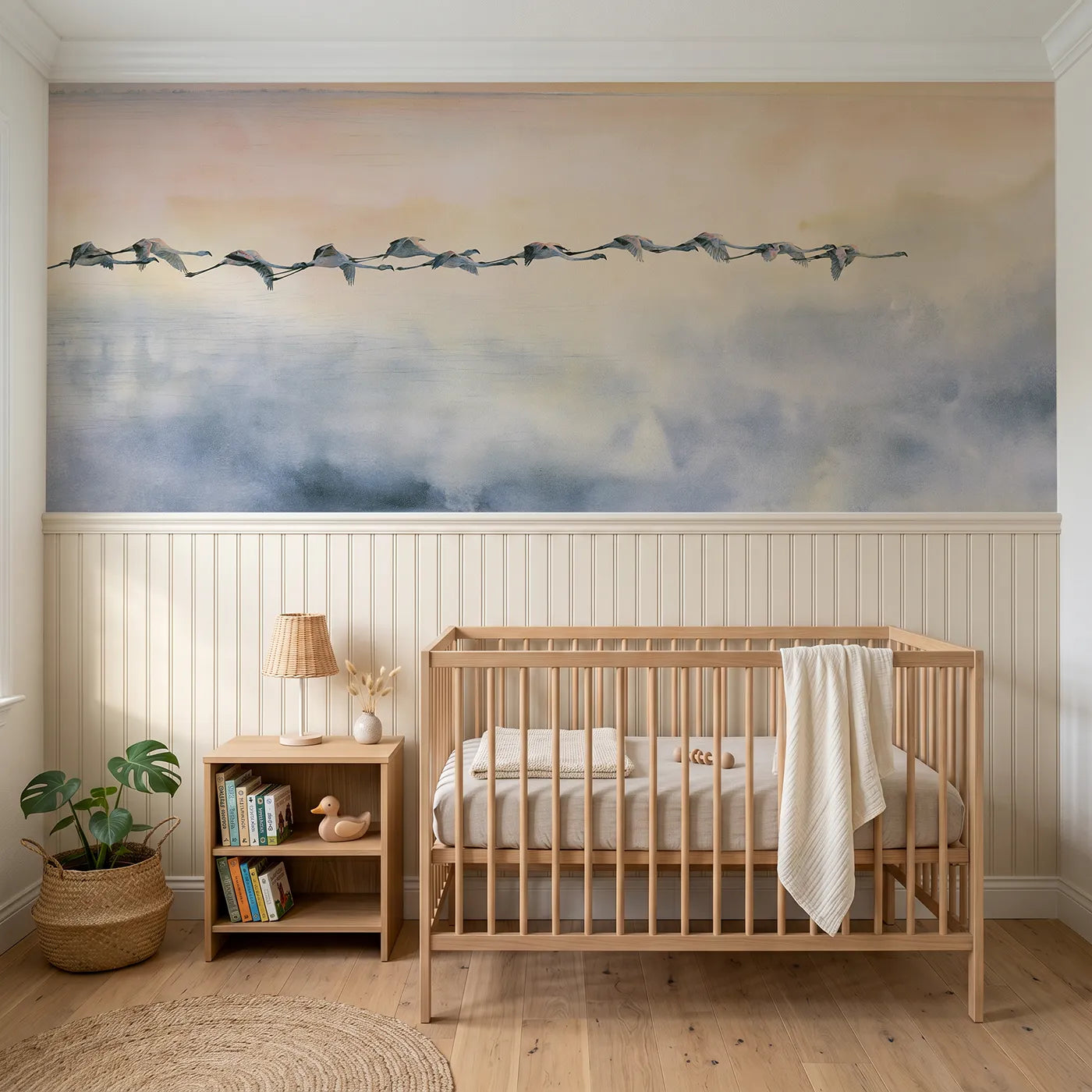 Watercolor wainscoting wallpaper of flamingos gliding over dawn shallows for bedrooms by Whimsy Tots