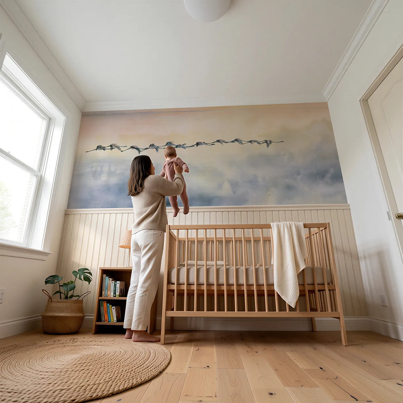 Child reading near Flamingo Flight Morning Wainscoting Wallpaper by Whimsy Tots