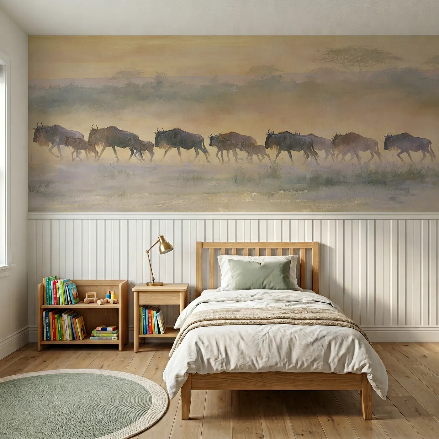 Watercolor wainscoting mural of a wildebeest migration at golden dusk for a bedroom by Whimsy Tots
