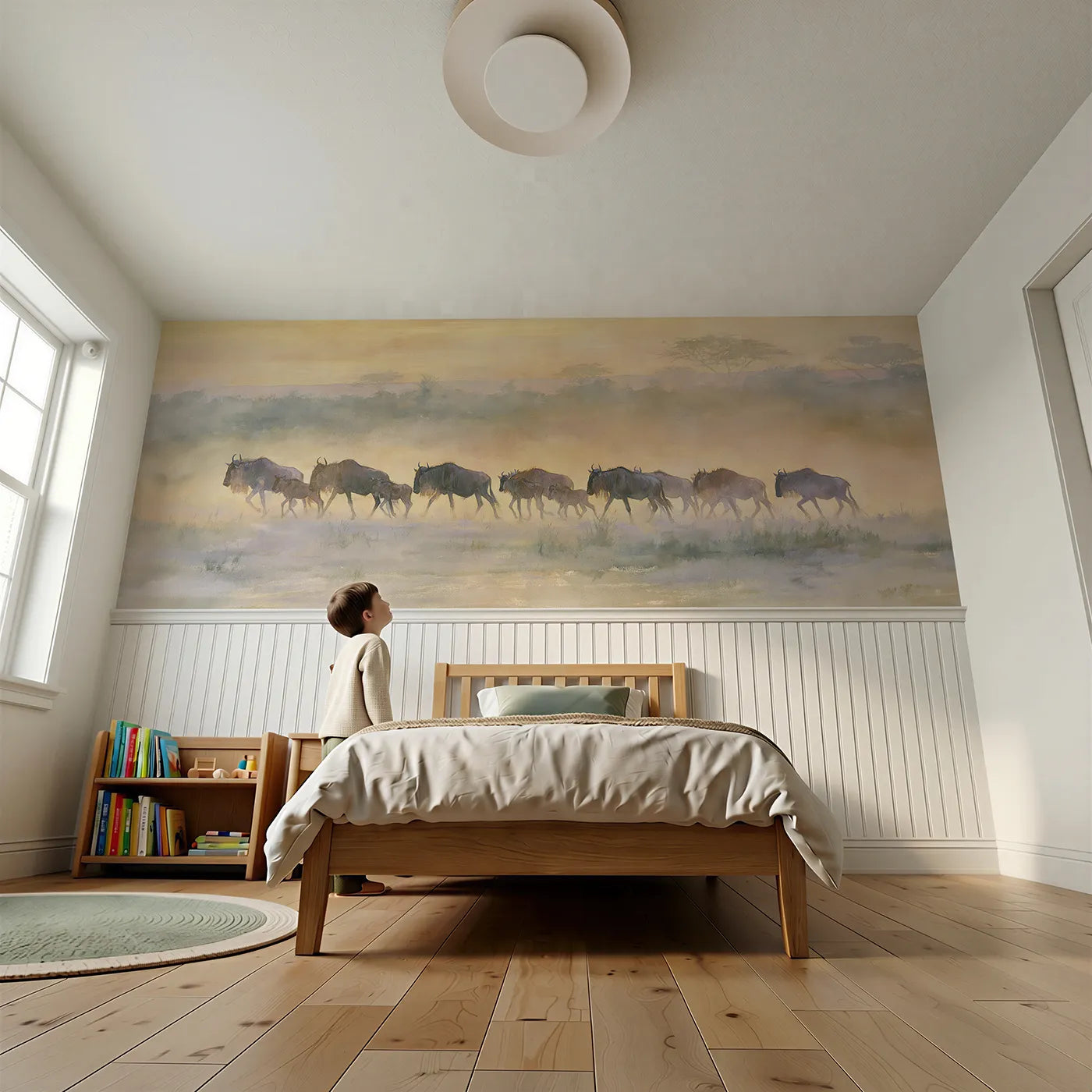 Child reading near Wildebeest Migration Evening Wainscoting Wallpaper by Whimsy Tots