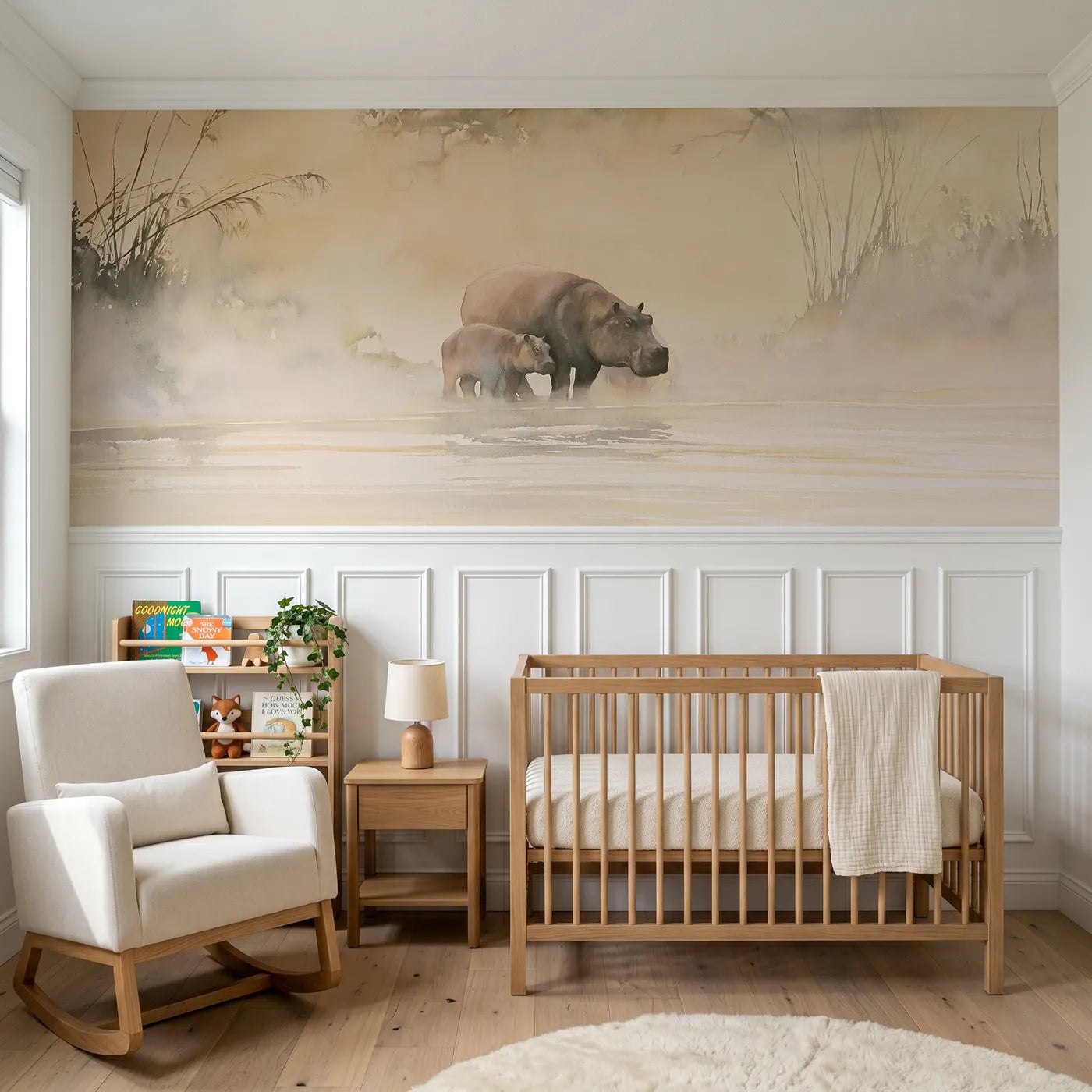 Watercolor wainscoting wallpaper of a hippo pair in river mist for a nursery by Whimsy Tots
