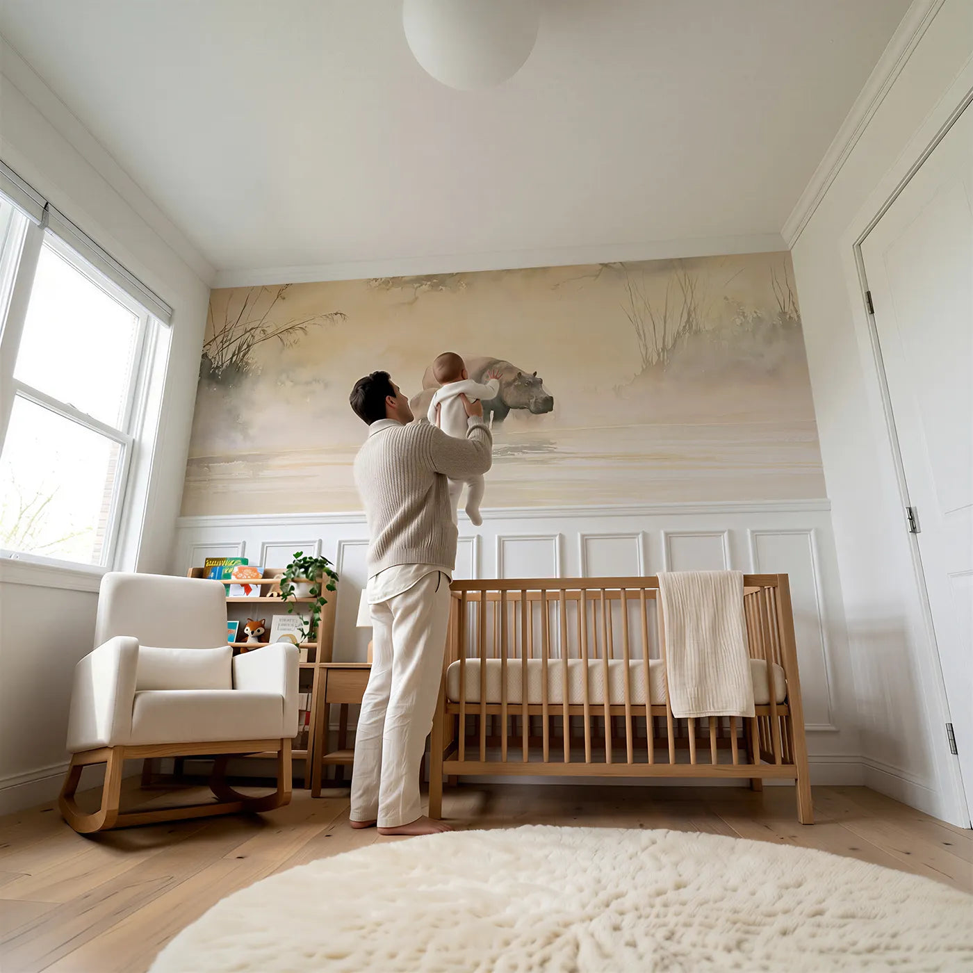 Child reading near Hippo Morning River Mist Wainscoting Wallpaper by Whimsy Tots