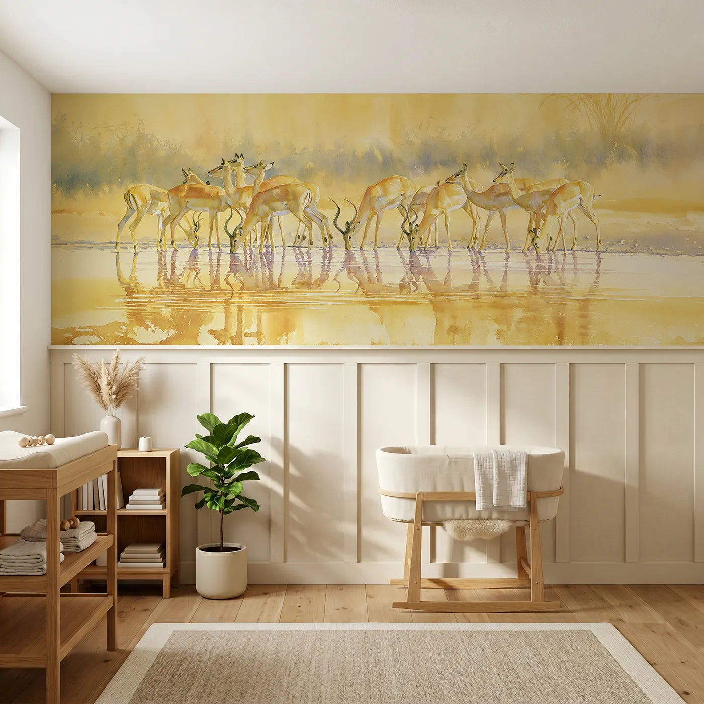 Watercolor wainscoting wallpaper of gazelles at a dusk watering hole for bedrooms by Whimsy Tots