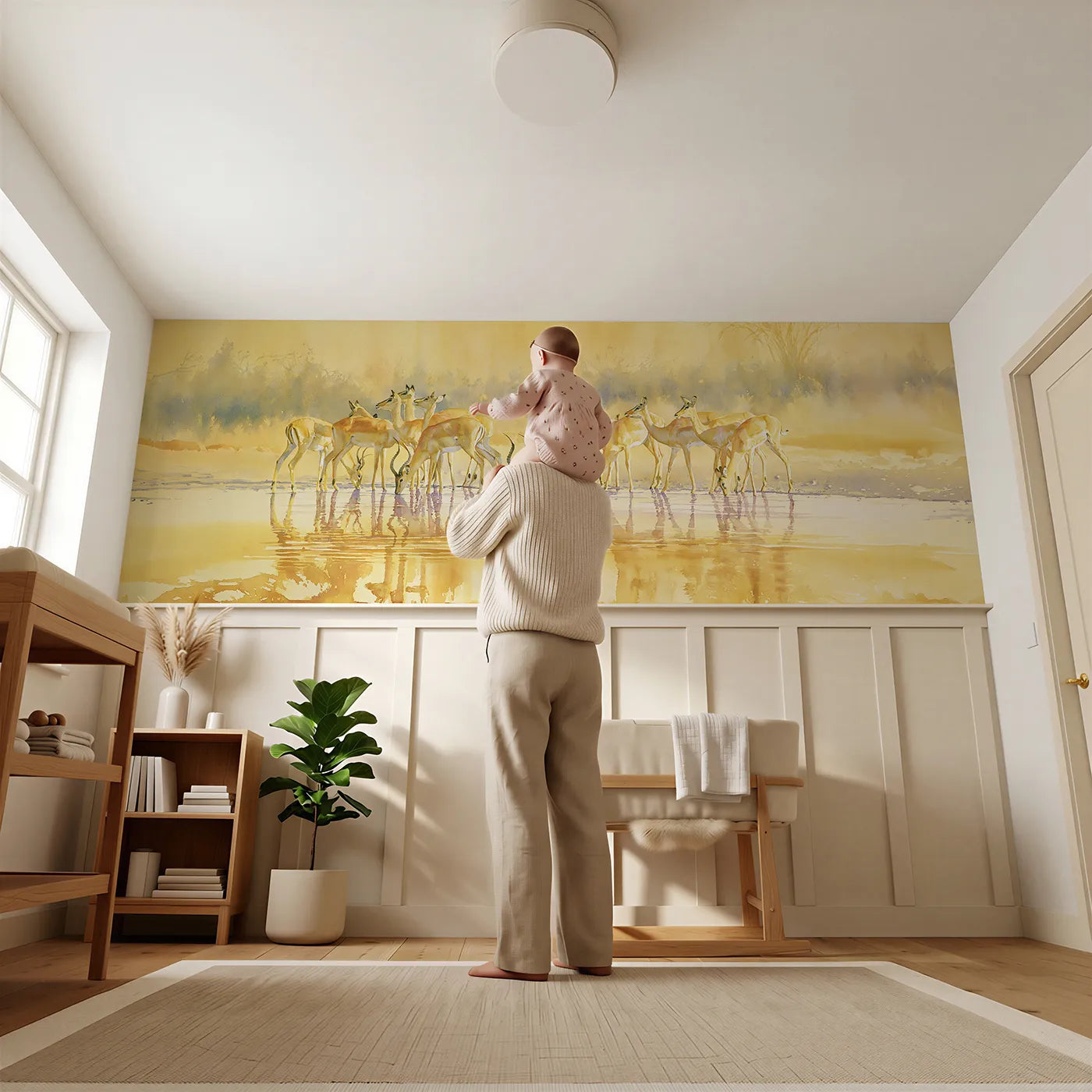 Child reading near Gazelle Evening Watering Hole Wainscoting Wallpaper by Whimsy Tots