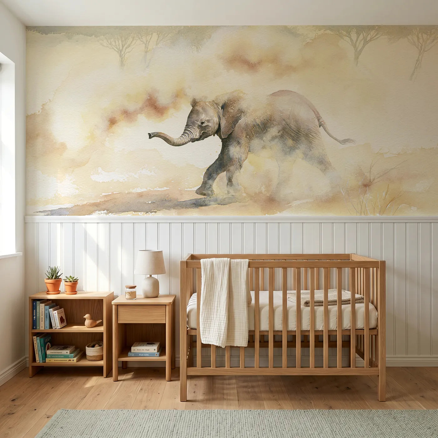 Watercolor wainscoting wallpaper of an elephant calf dust bath for a toddler room by Whimsy Tots