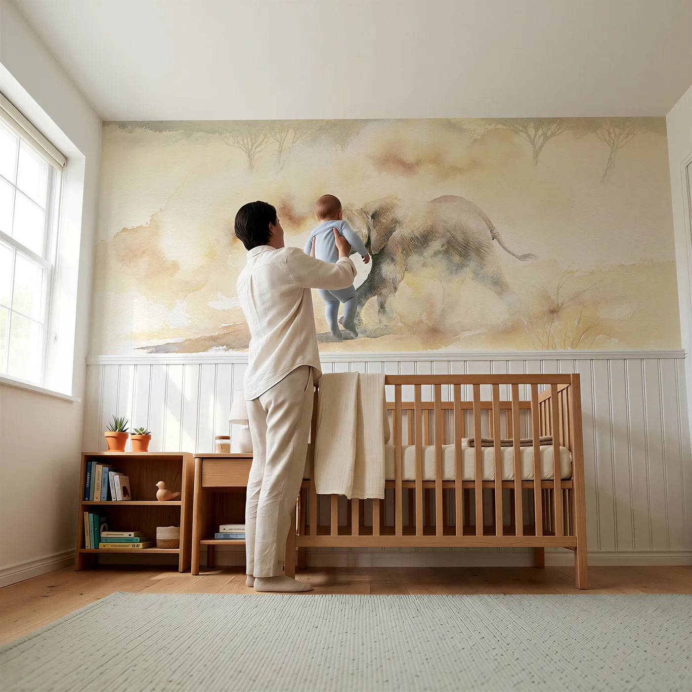 Child reading near Elephant Calf Dust Bath Wainscoting Wallpaper by Whimsy Tots