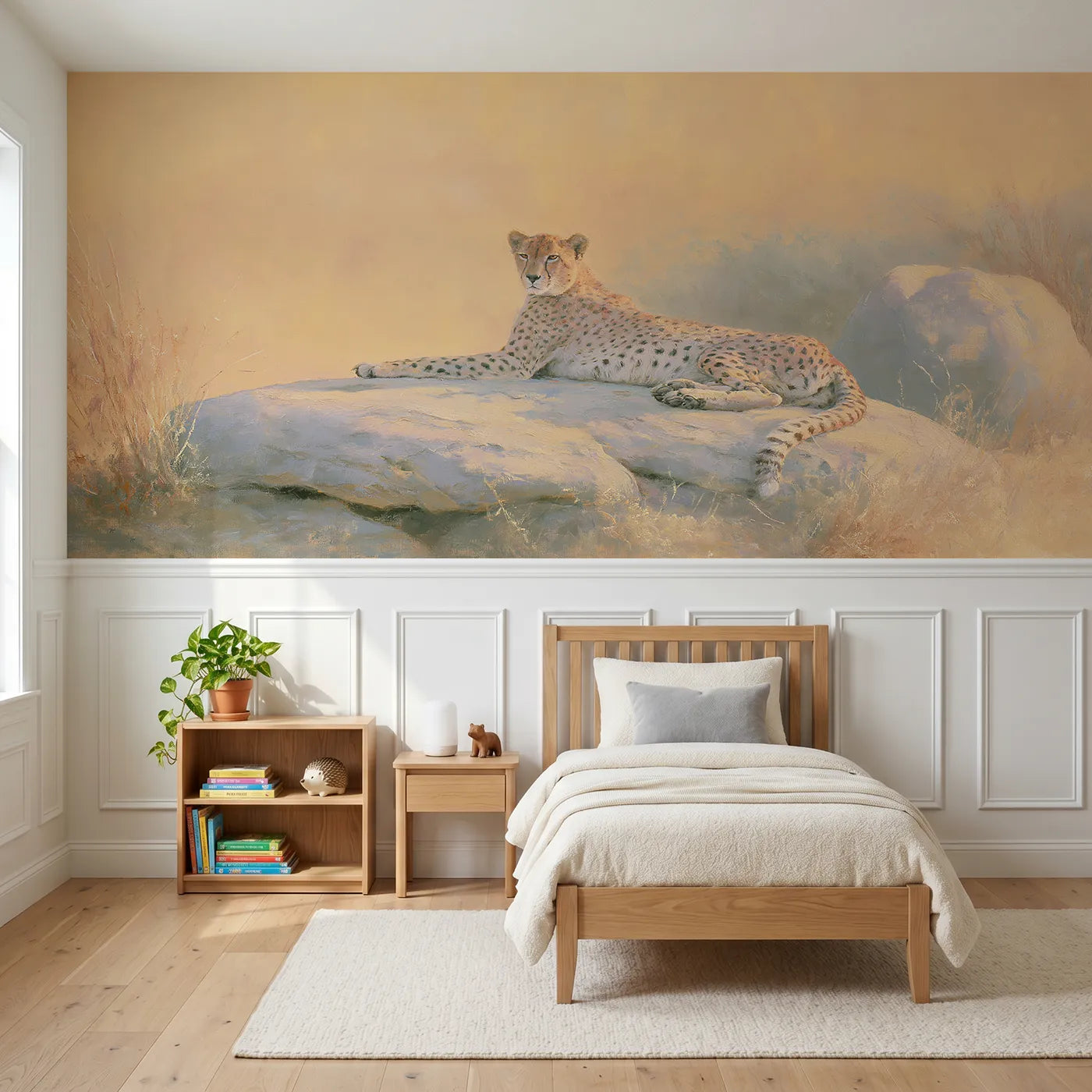 Watercolor wainscoting mural of a resting cheetah at golden dusk for a bedroom by Whimsy Tots