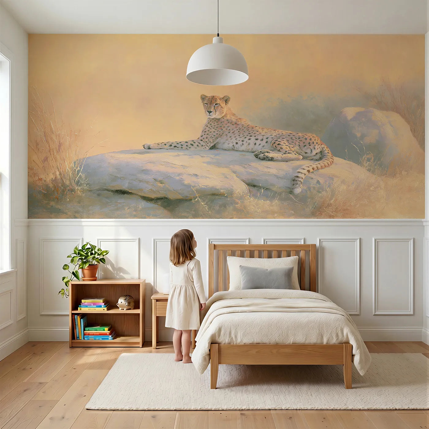 Child reading near Cheetah Kopje Evening Rest Wainscoting Wallpaper by Whimsy Tots