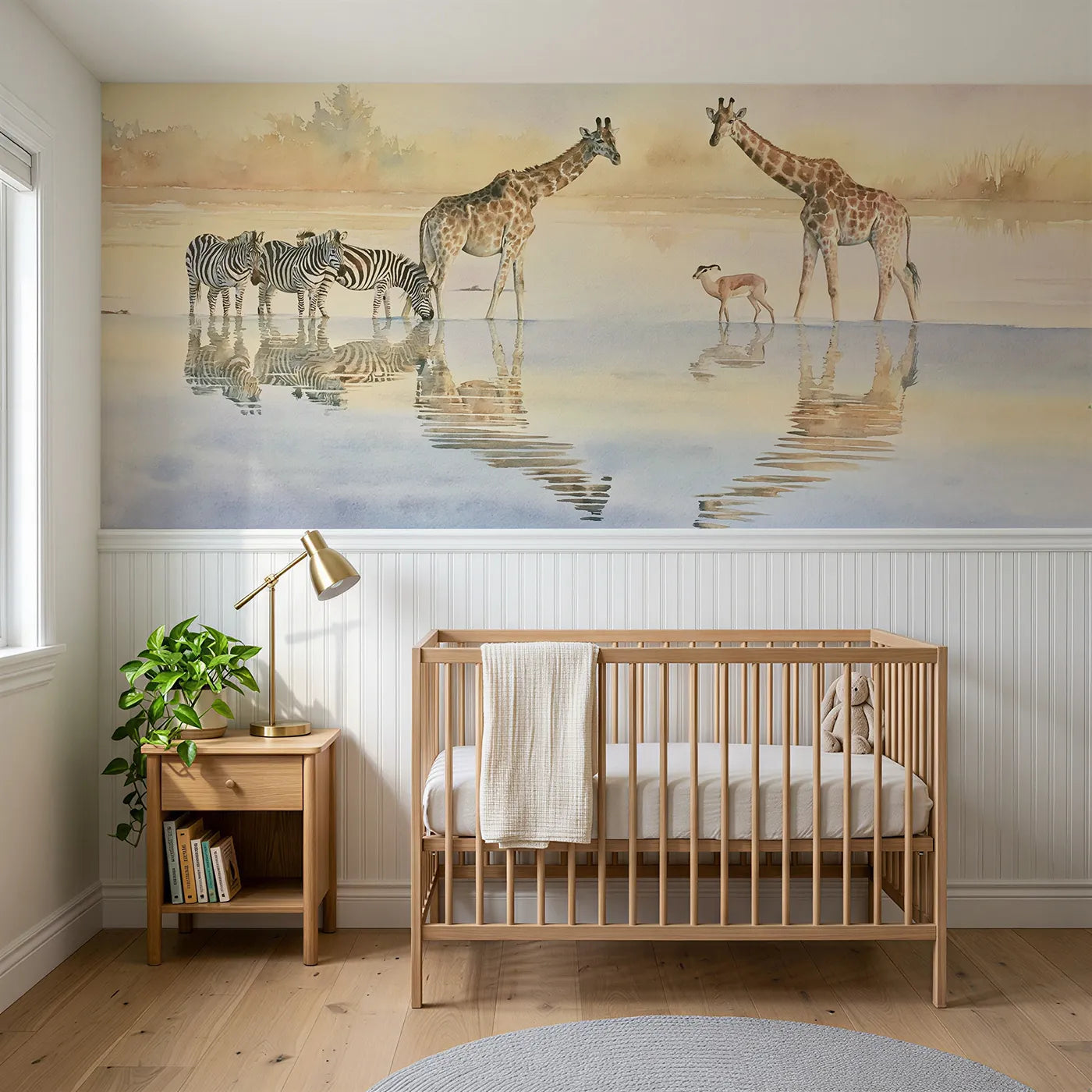 Watercolor wainscoting wallpaper of animals mirrored in dawn water for a kids room by Whimsy Tots