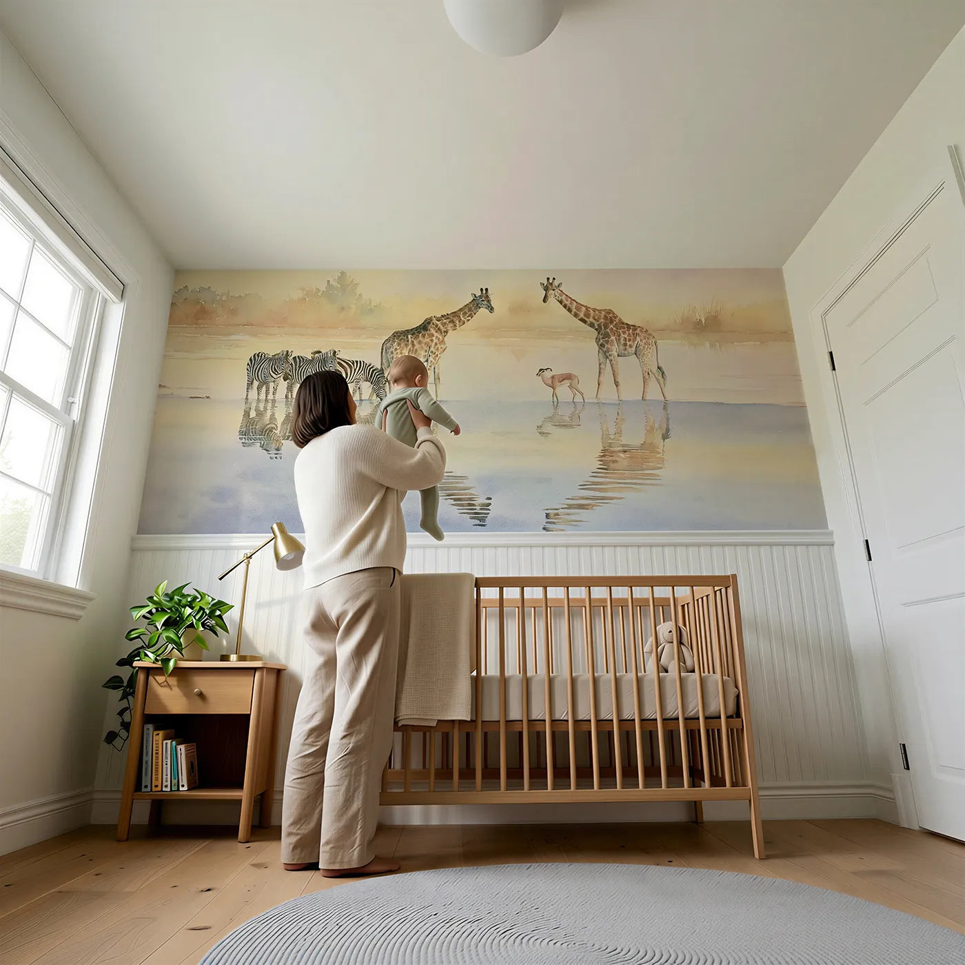 Child reading near Watering Hole Reflections Wainscoting Wallpaper by Whimsy Tots