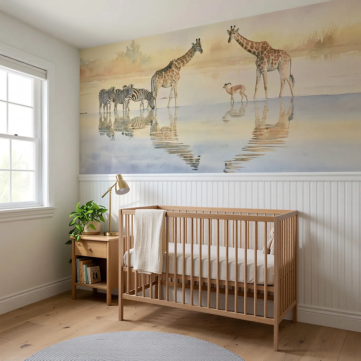 Watering Hole Reflections Wainscoting Wallpaper styled in a kids room by Whimsy Tots