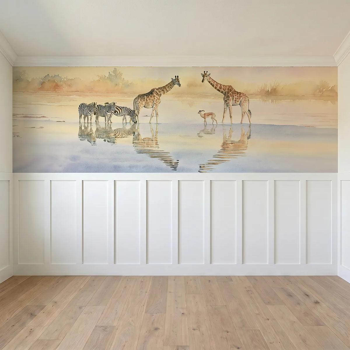 Full panel view of Watering Hole Reflections Wainscoting Wallpaper by Whimsy Tots