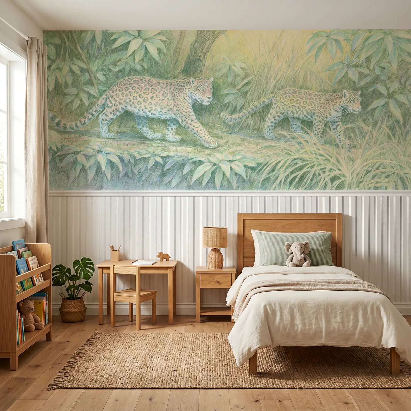 Colored pencil wainscoting wallpaper of leopard mother and cub in dappled shade by Whimsy Tots