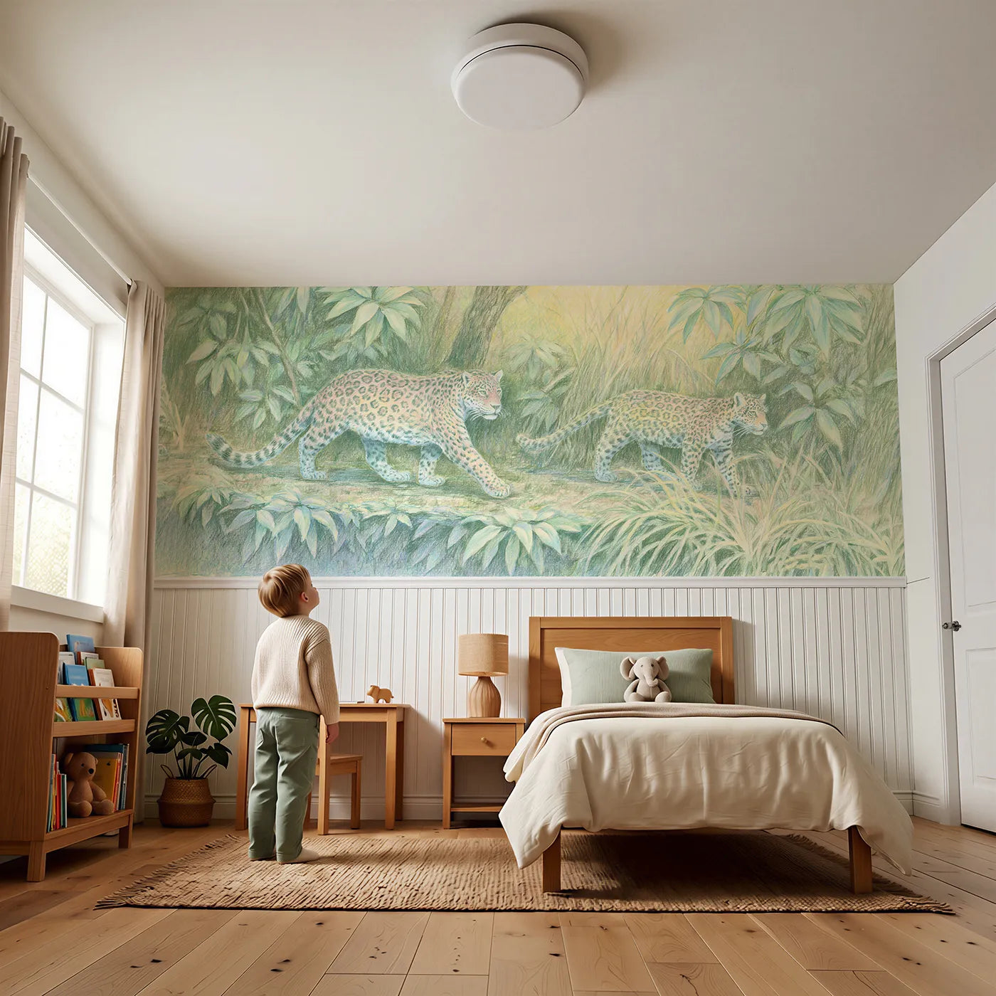 Child reading near Leopard Pair Dappled Shade Wainscoting Wallpaper by Whimsy Tots