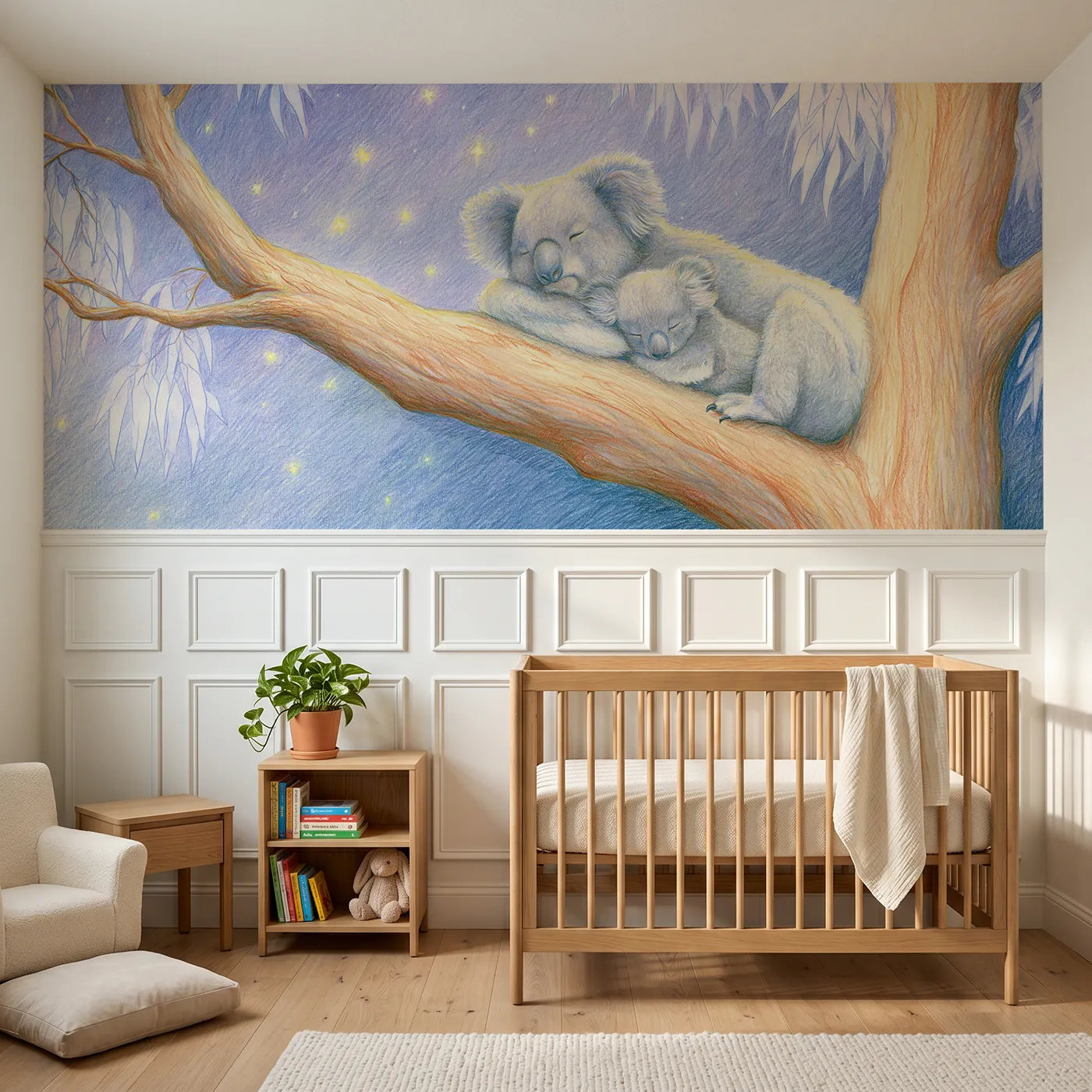 Colored pencil wainscoting wallpaper of koalas asleep under stars for a nursery by Whimsy Tots