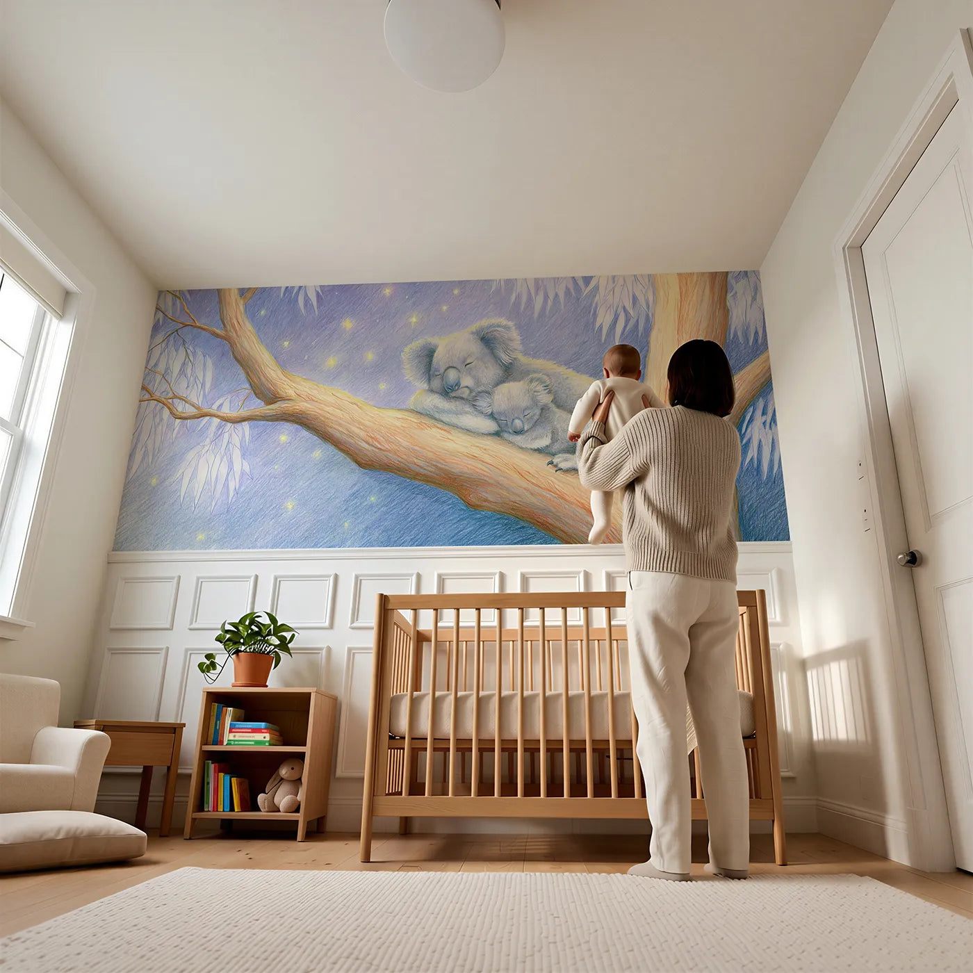 Child reading near Koala Starry Night Gumtree Wainscoting Wallpaper by Whimsy Tots