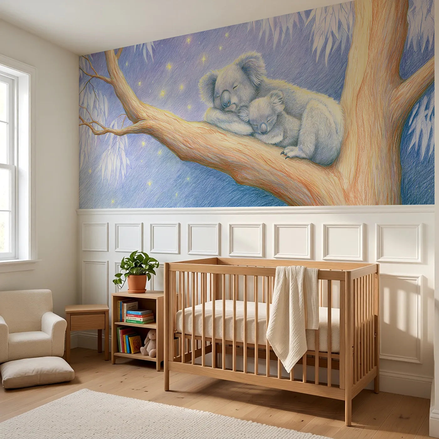 Koala Starry Night Gumtree Wainscoting Wallpaper styled in a kids room by Whimsy Tots