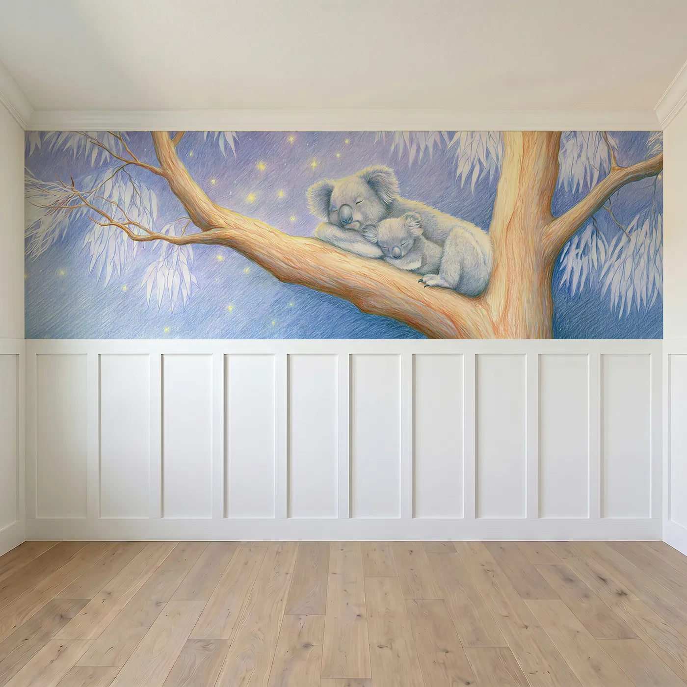 Full panel view of Koala Starry Night Gumtree Wainscoting Wallpaper by Whimsy Tots
