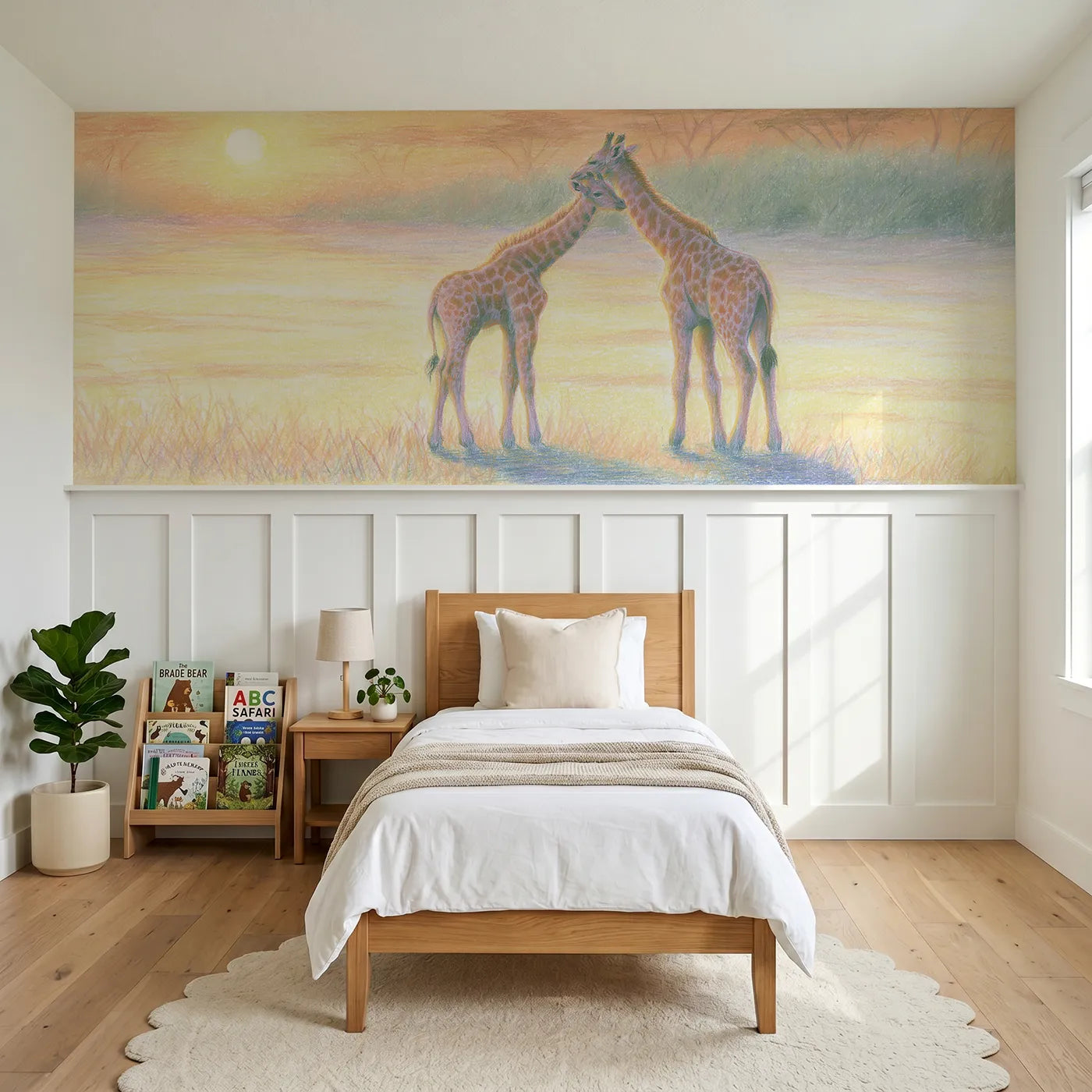 Colored pencil wainscoting mural of giraffes stretching at dawn for toddler rooms by Whimsy Tots