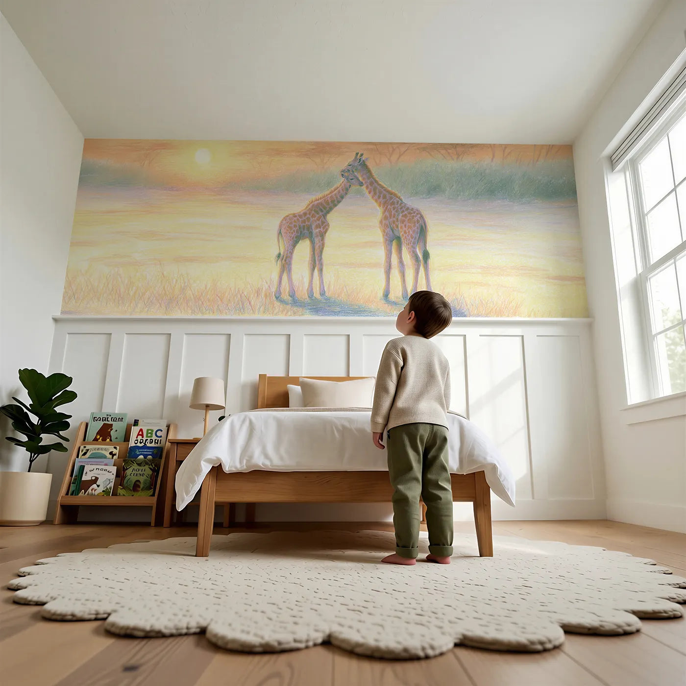 Child reading near Giraffe Pair Morning Stretch Wainscoting Wallpaper by Whimsy Tots