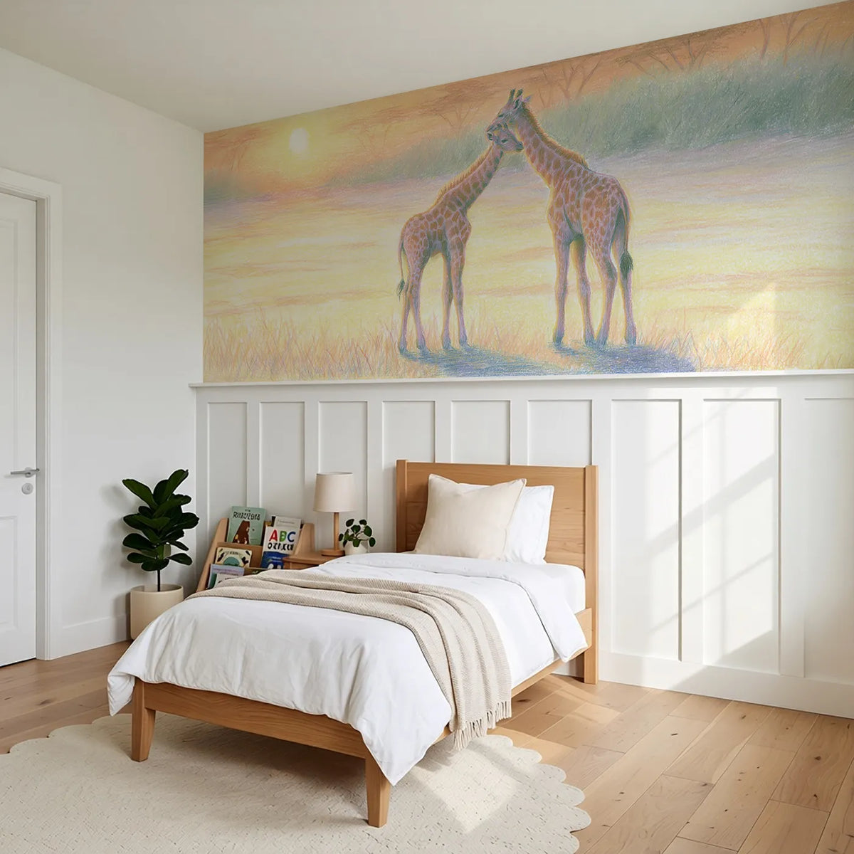Giraffe Pair Morning Stretch Wainscoting Wallpaper styled in a kids room by Whimsy Tots