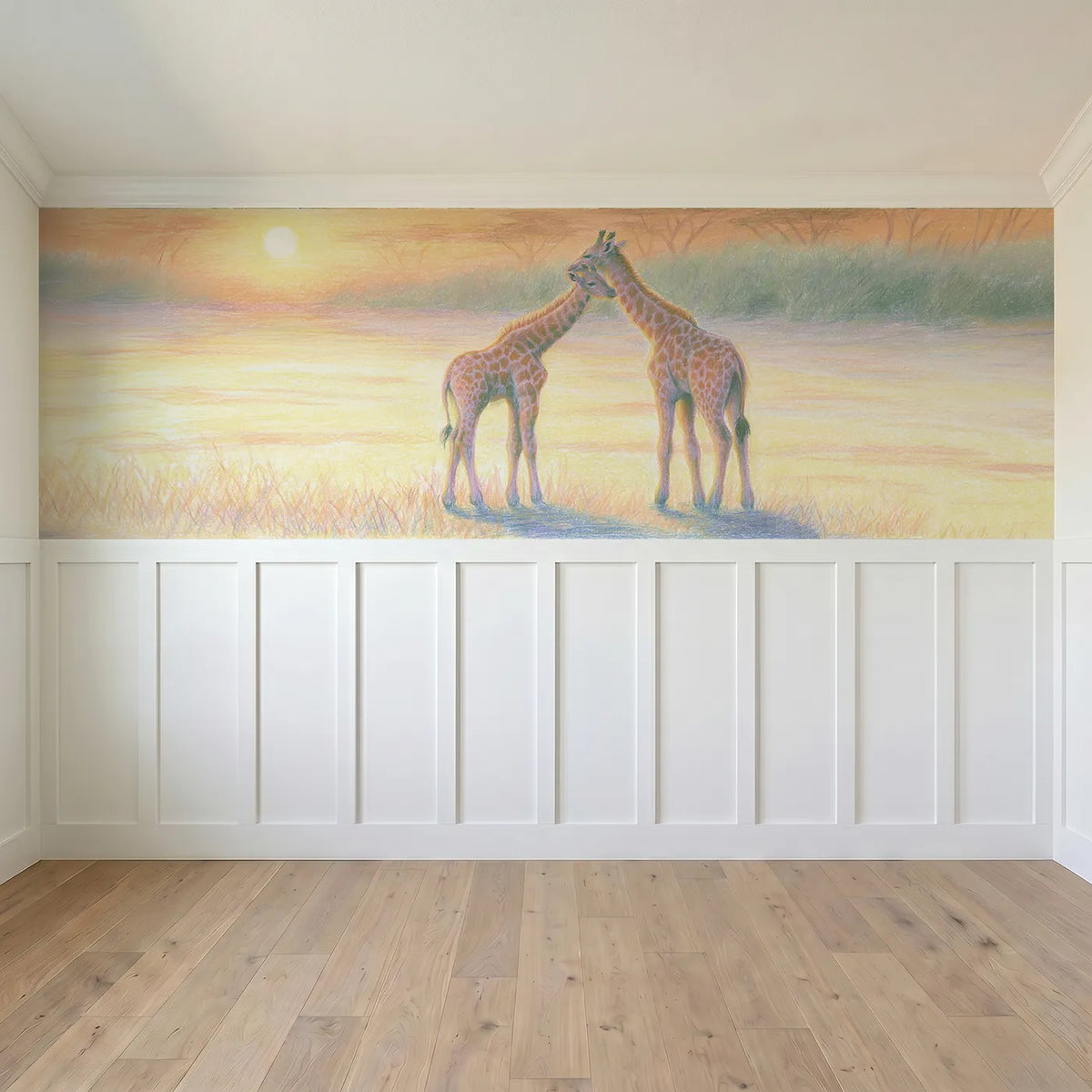 Full panel view of Giraffe Pair Morning Stretch Wainscoting Wallpaper by Whimsy Tots