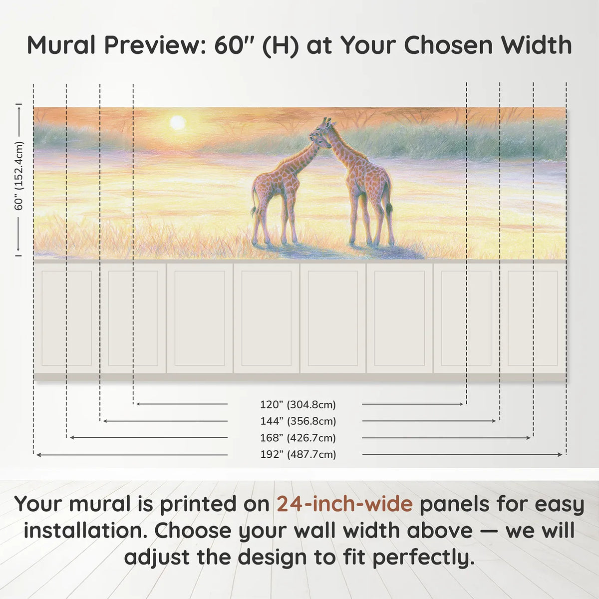 Panel dimensions for Giraffe Pair Morning Stretch Wainscoting Wallpaper by Whimsy Tots