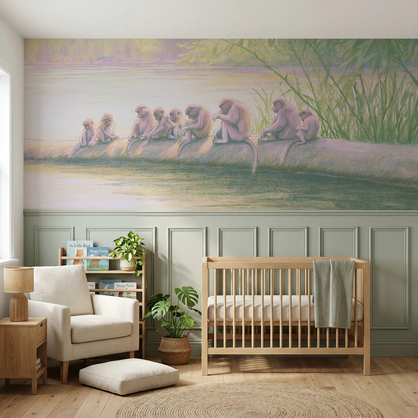 Colored pencil wainscoting wallpaper of a monkey family on a river log for playrooms by Whimsy Tots